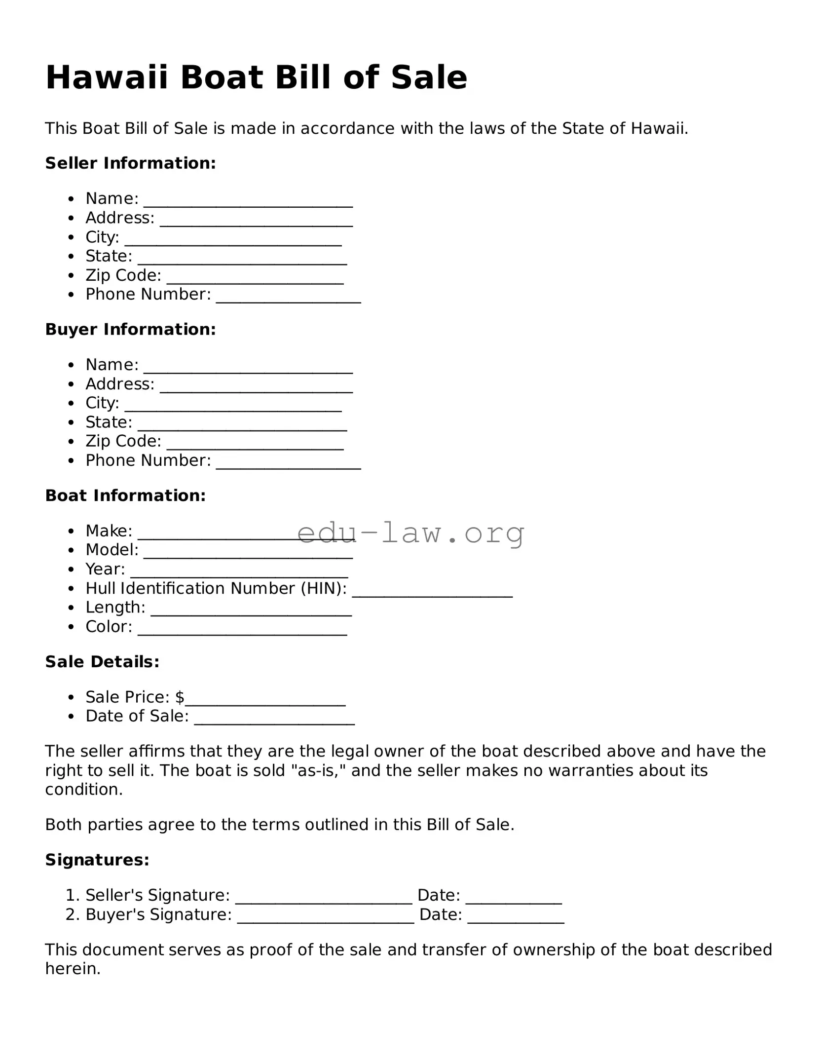 Legal  Boat Bill of Sale Template for Hawaii