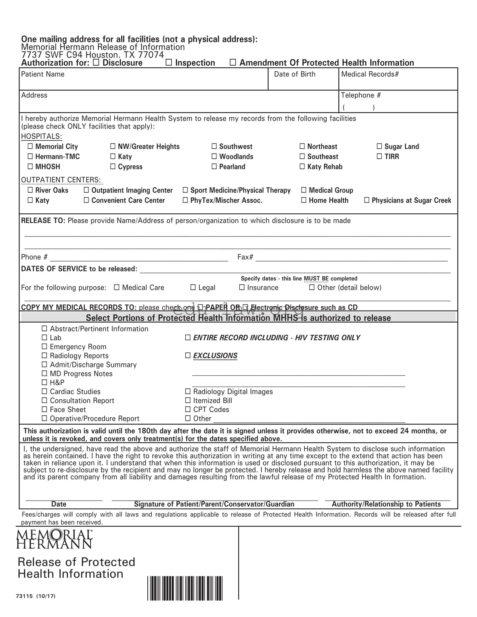 Fill in Your Memorial Hermann Release Template