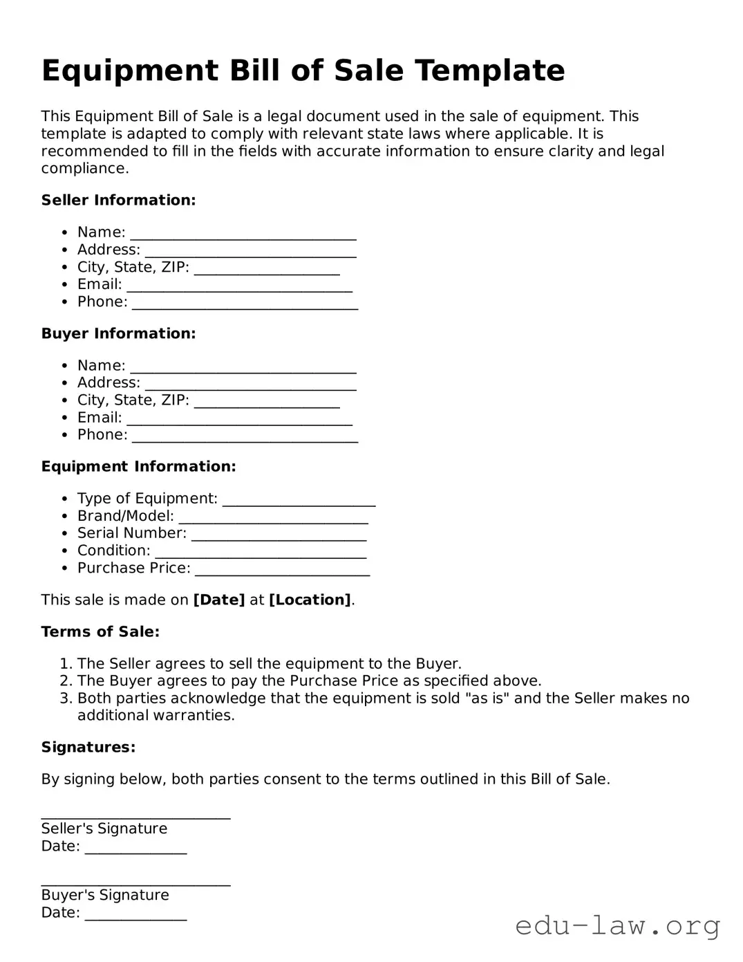 Equipment Bill of Sale Template