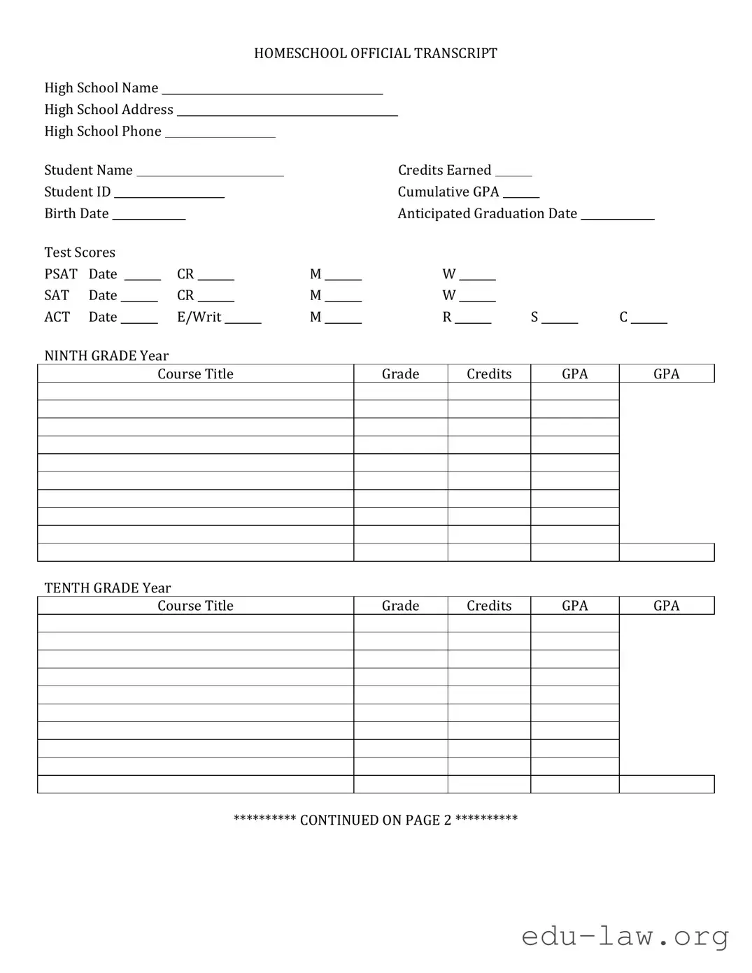 Fill in Your High School Transcript Template