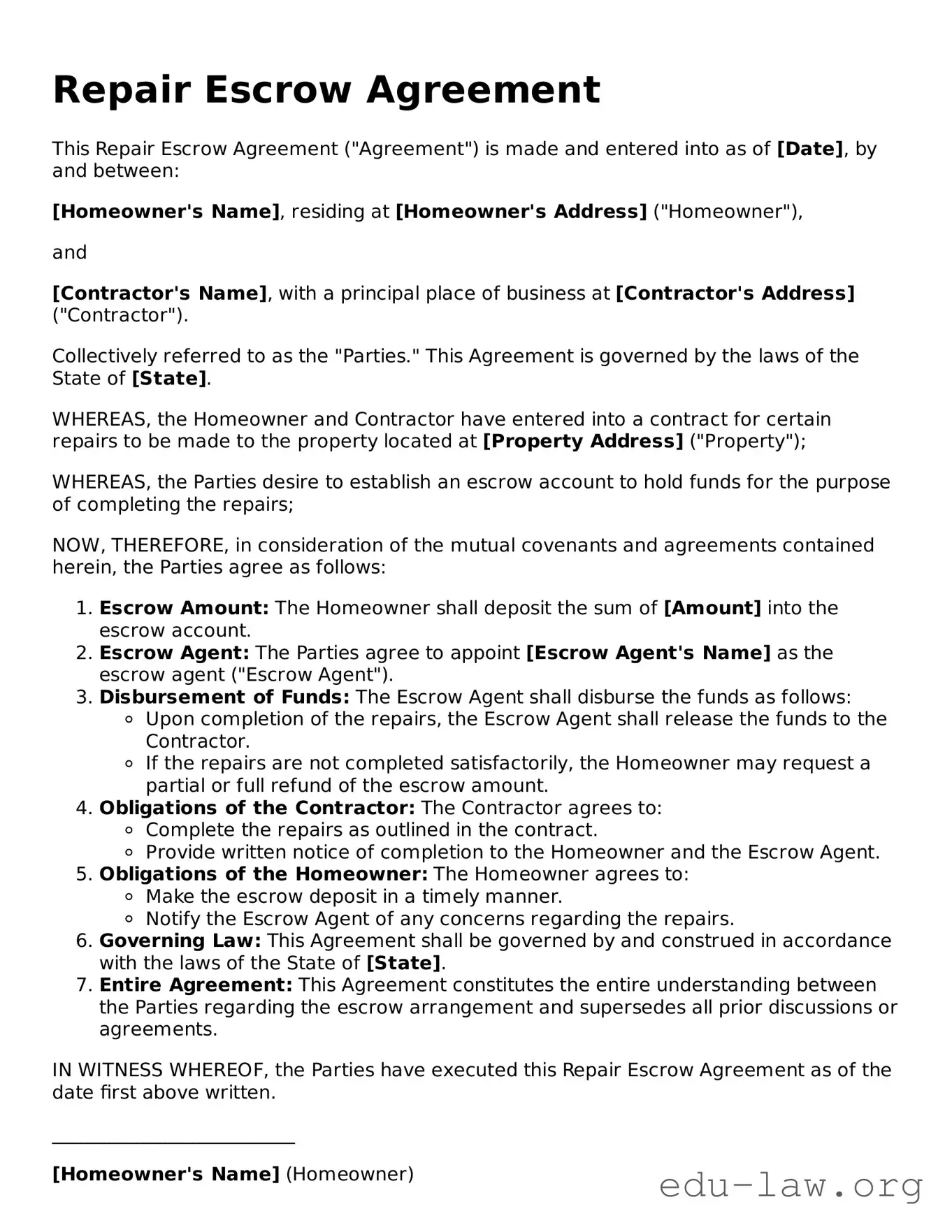 Repair Escrow Agreement Template
