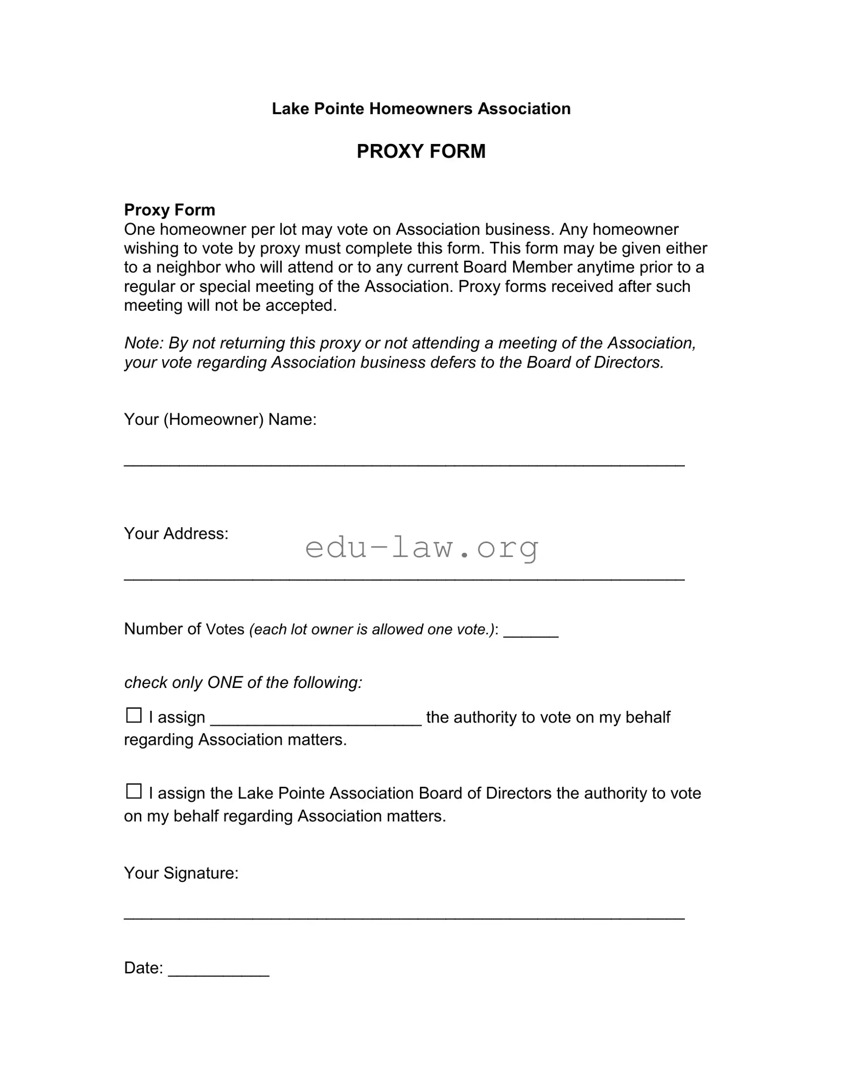 Fill in Your Homeowners Association Proxy Template