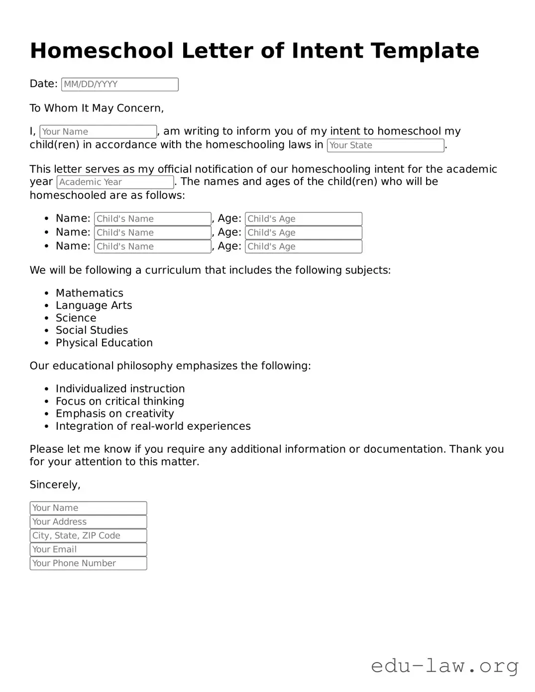 Homeschool Letter of Intent Template