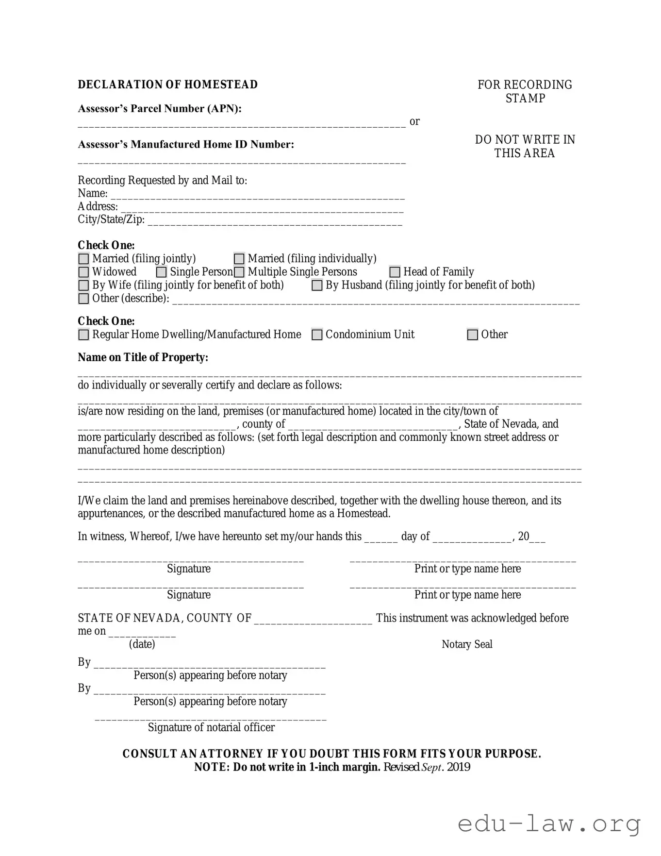 Fill in Your Nevada Homestead Template