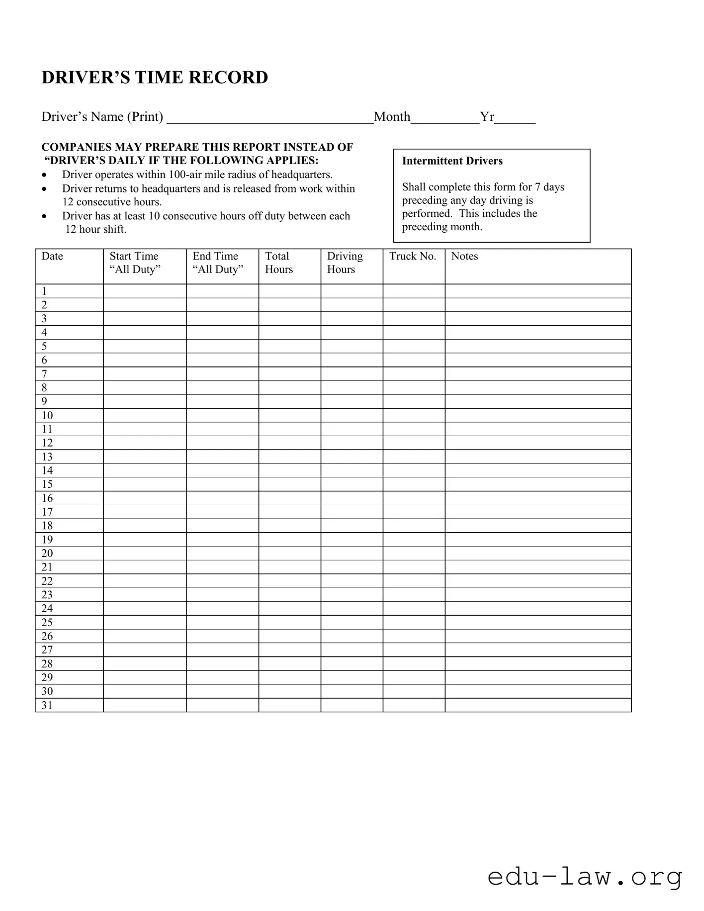 Fill in Your Driver Time Record Template