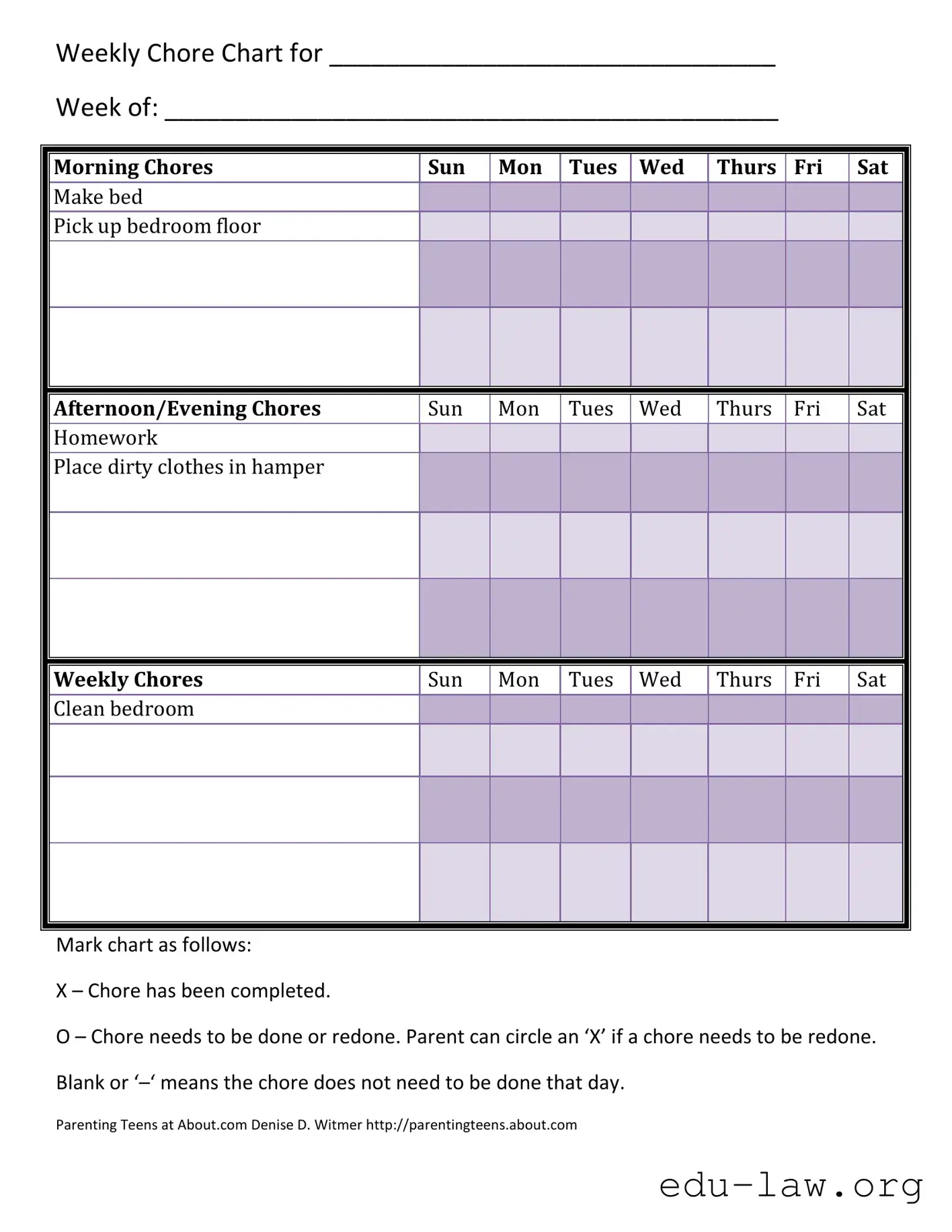 Fill in Your Chore Chart Morning Evening Template