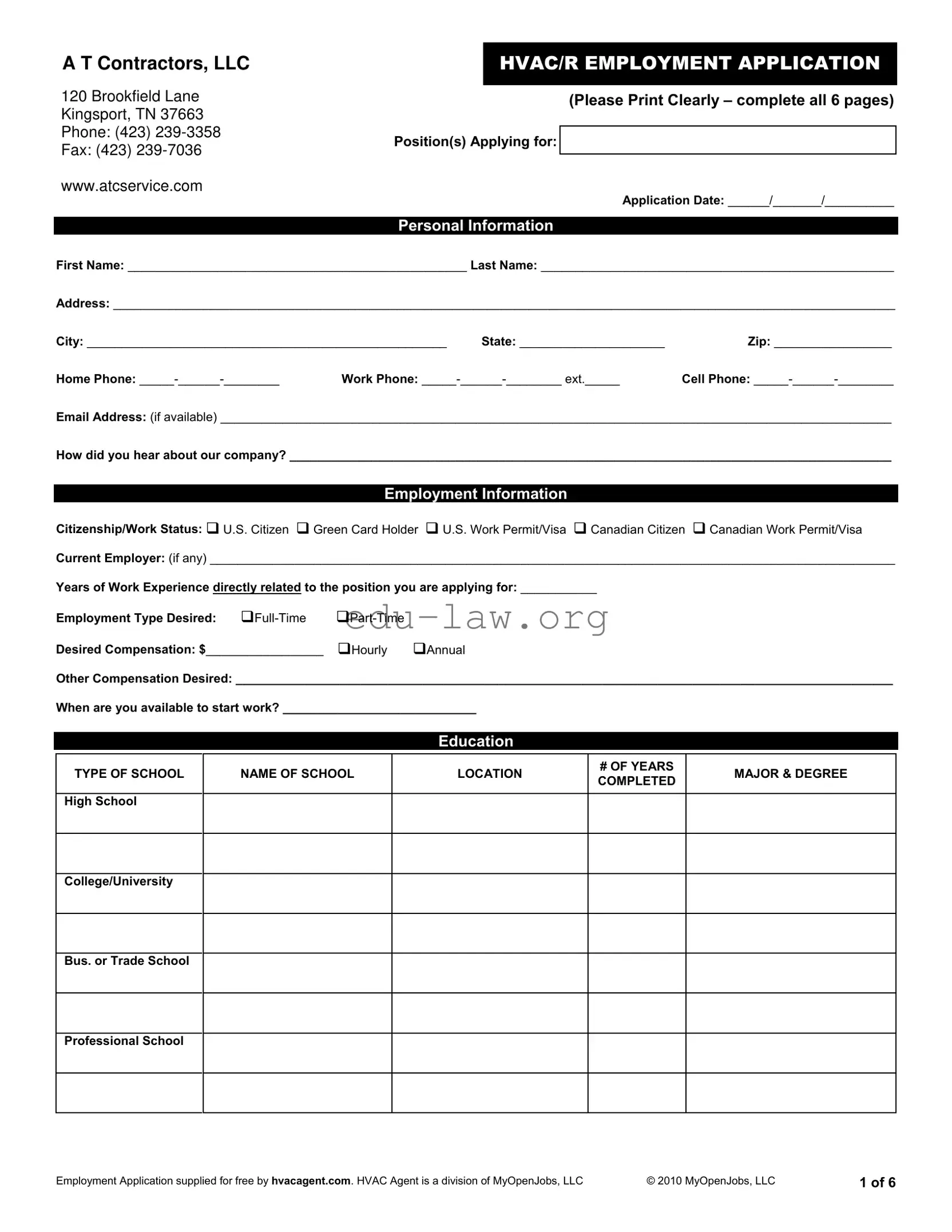 Fill in Your Hvac Job Application Template