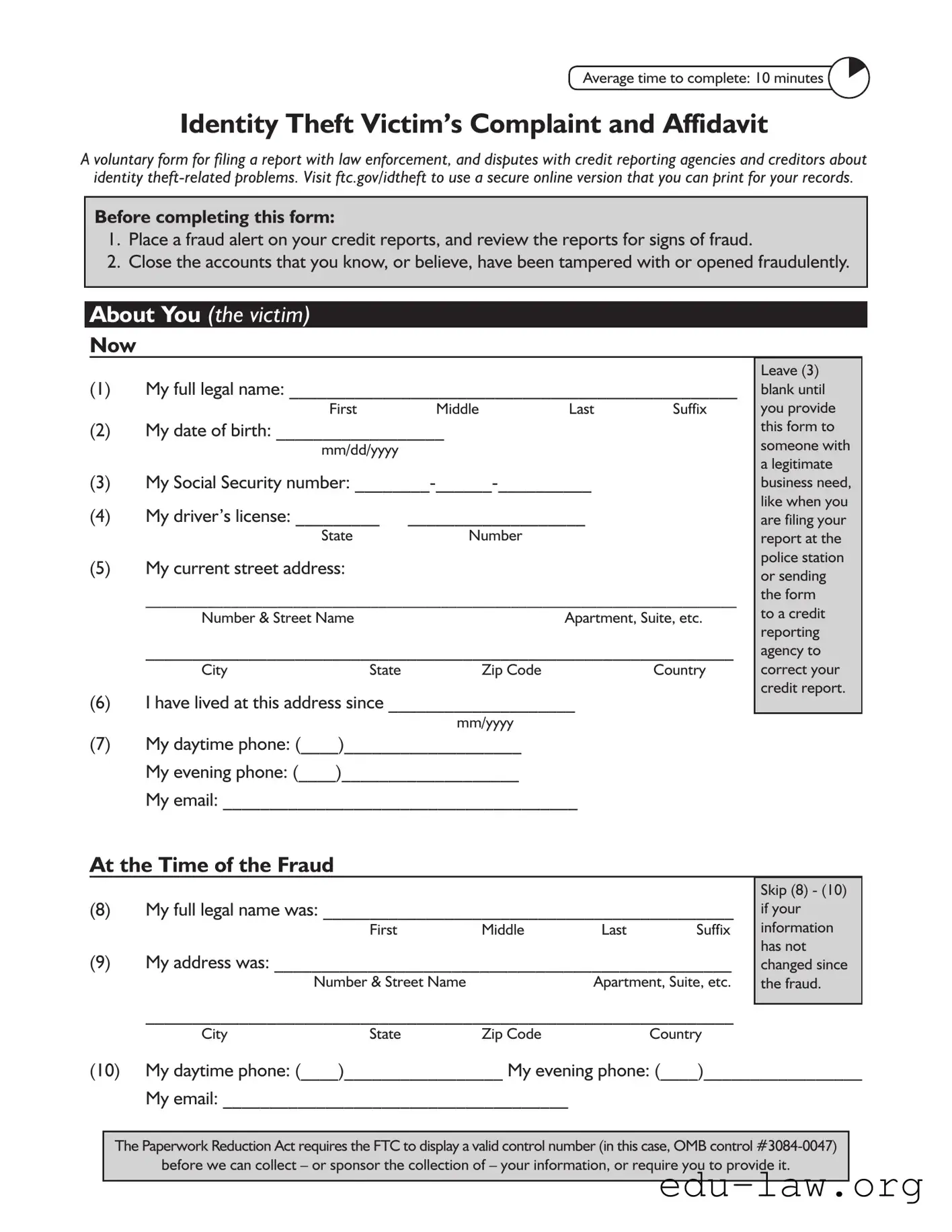 Fill in Your Ftc Identity Theft Affidavit Template
