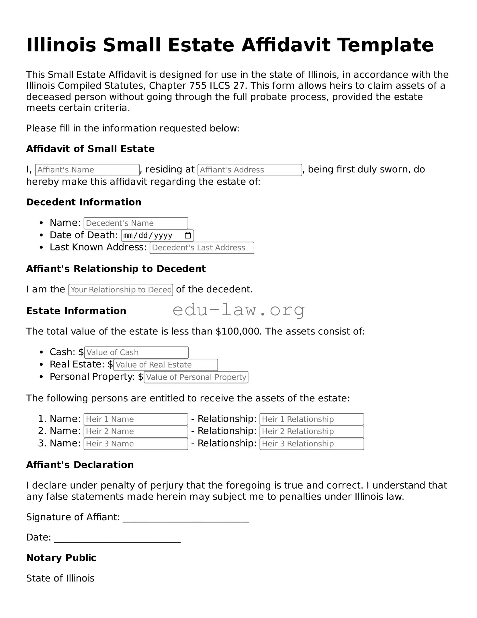 Legal  Small Estate Affidavit Template for Illinois