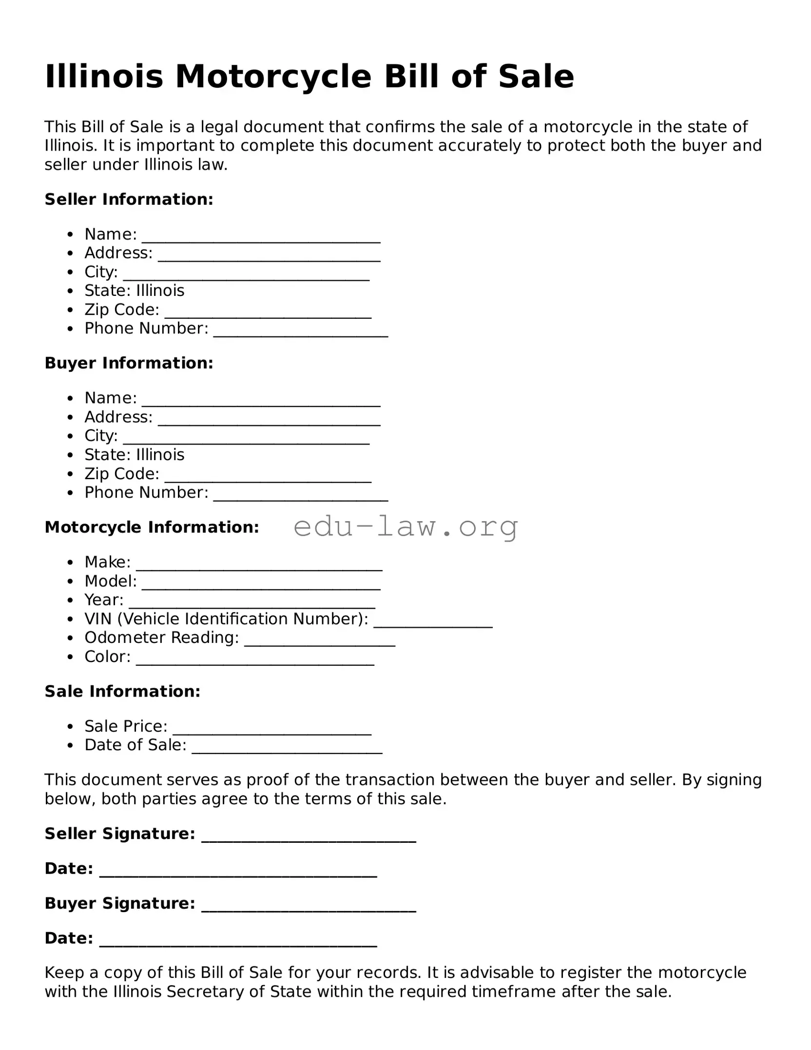 Legal  Motorcycle Bill of Sale Template for Illinois
