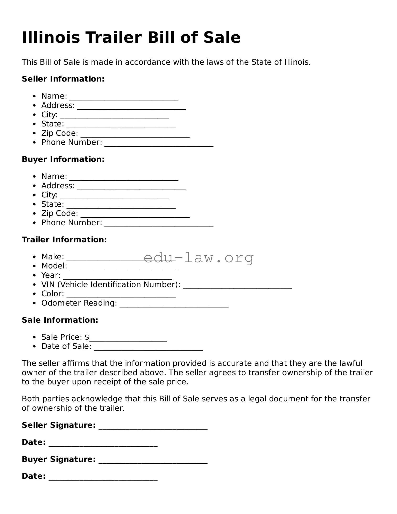 Legal  Trailer Bill of Sale Template for Illinois