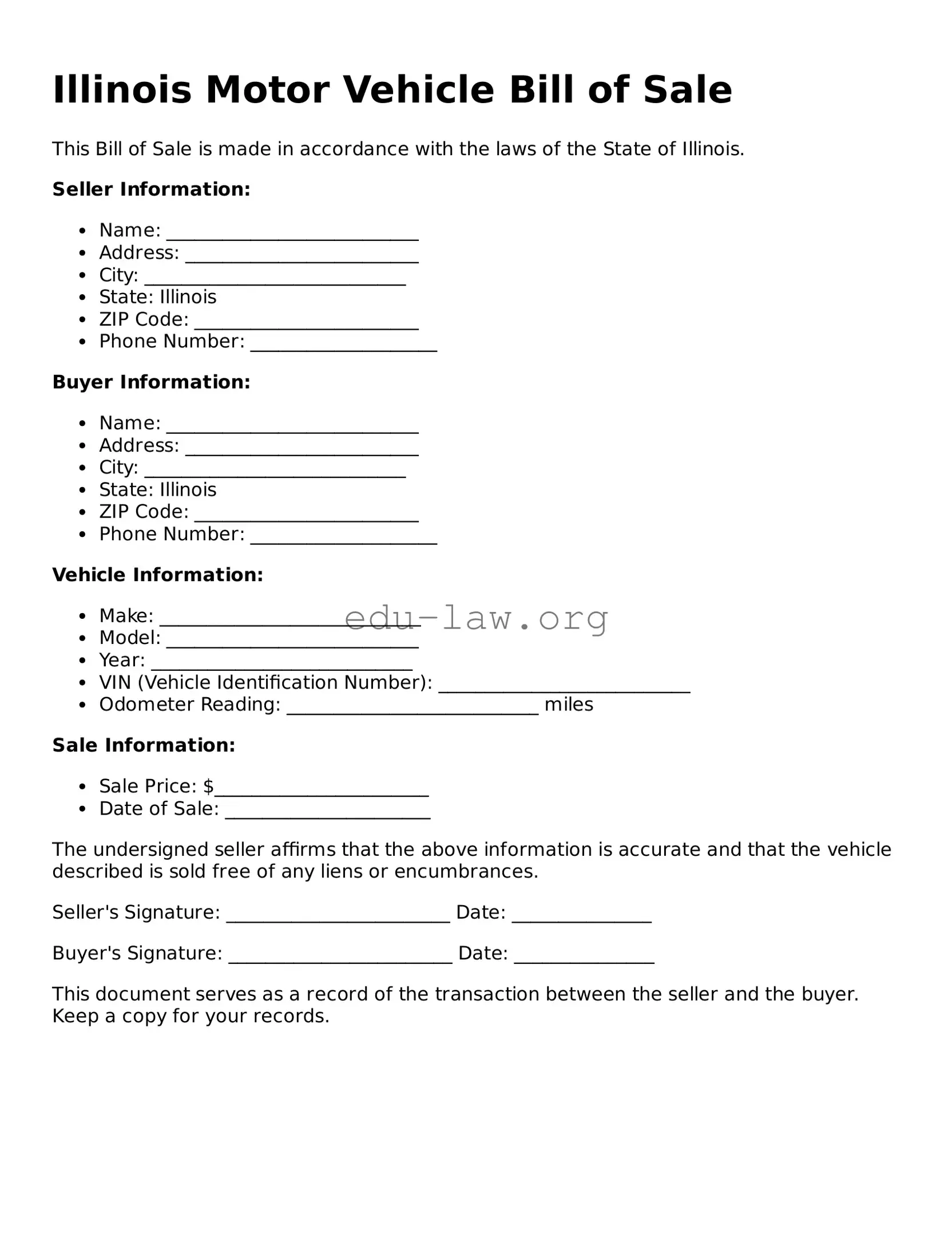 Legal  Motor Vehicle Bill of Sale Template for Illinois
