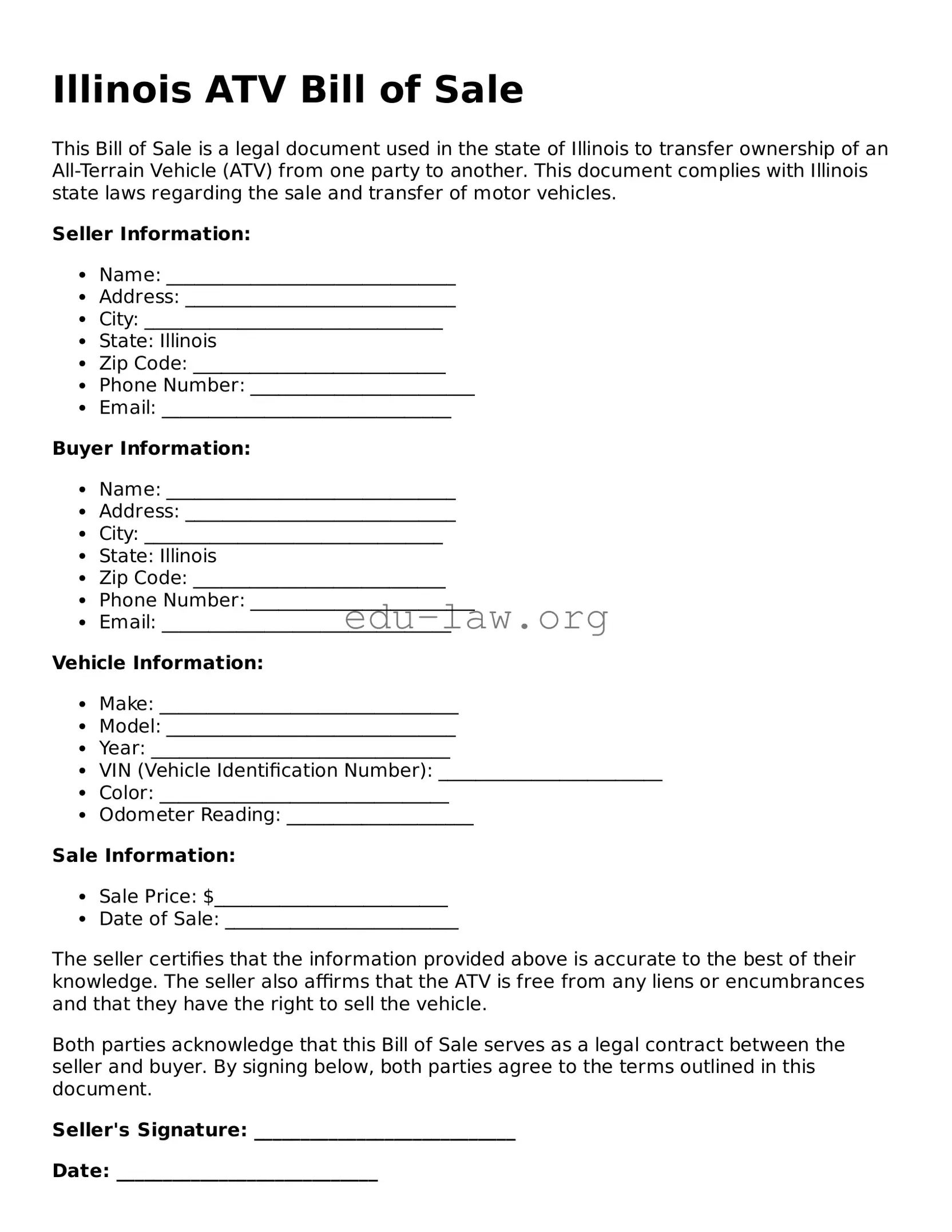 Legal  ATV Bill of Sale Template for Illinois