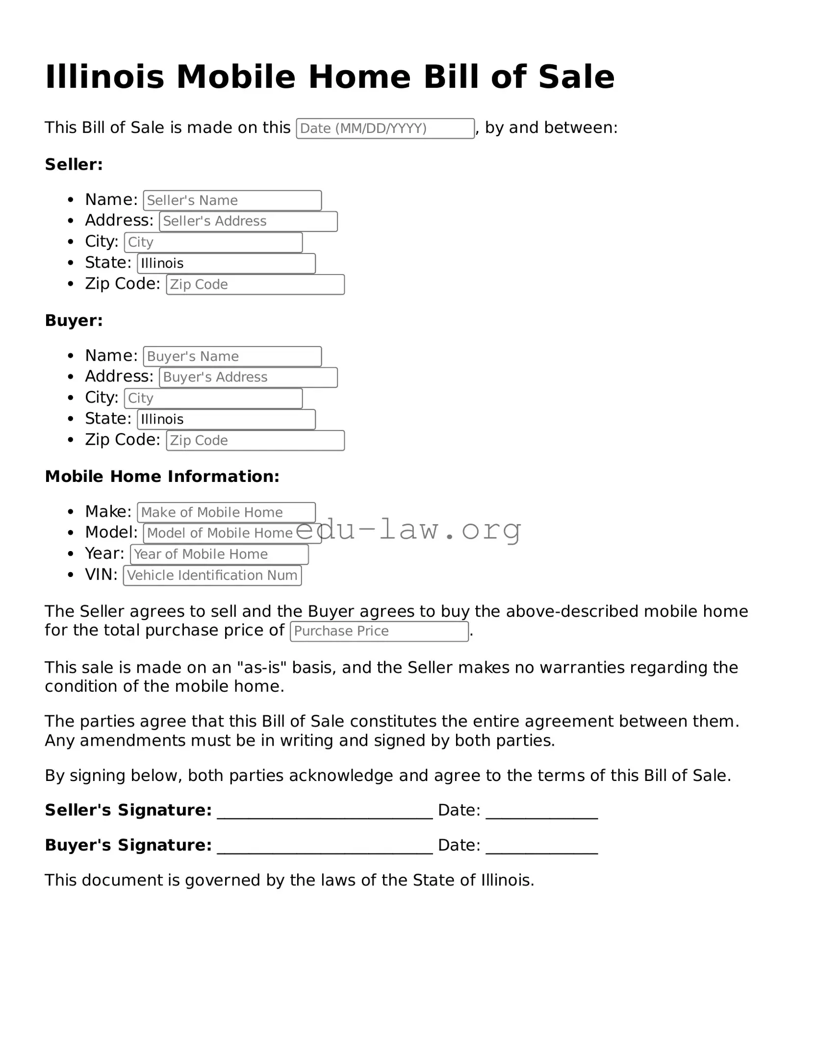 Legal  Mobile Home Bill of Sale Template for Illinois