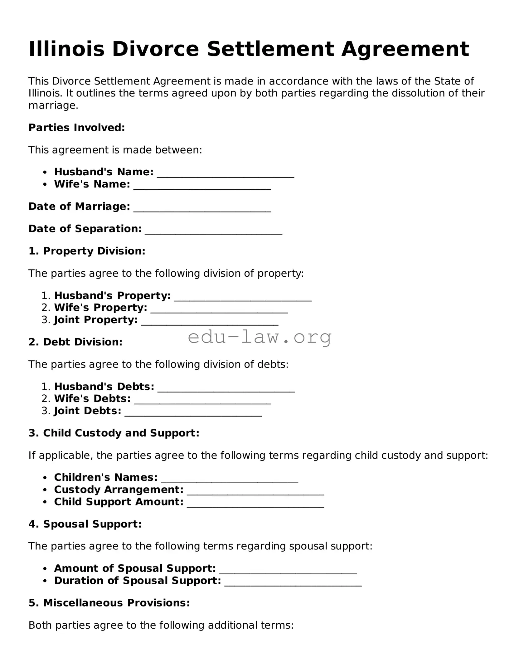 Legal  Divorce Settlement Agreement Template for Illinois
