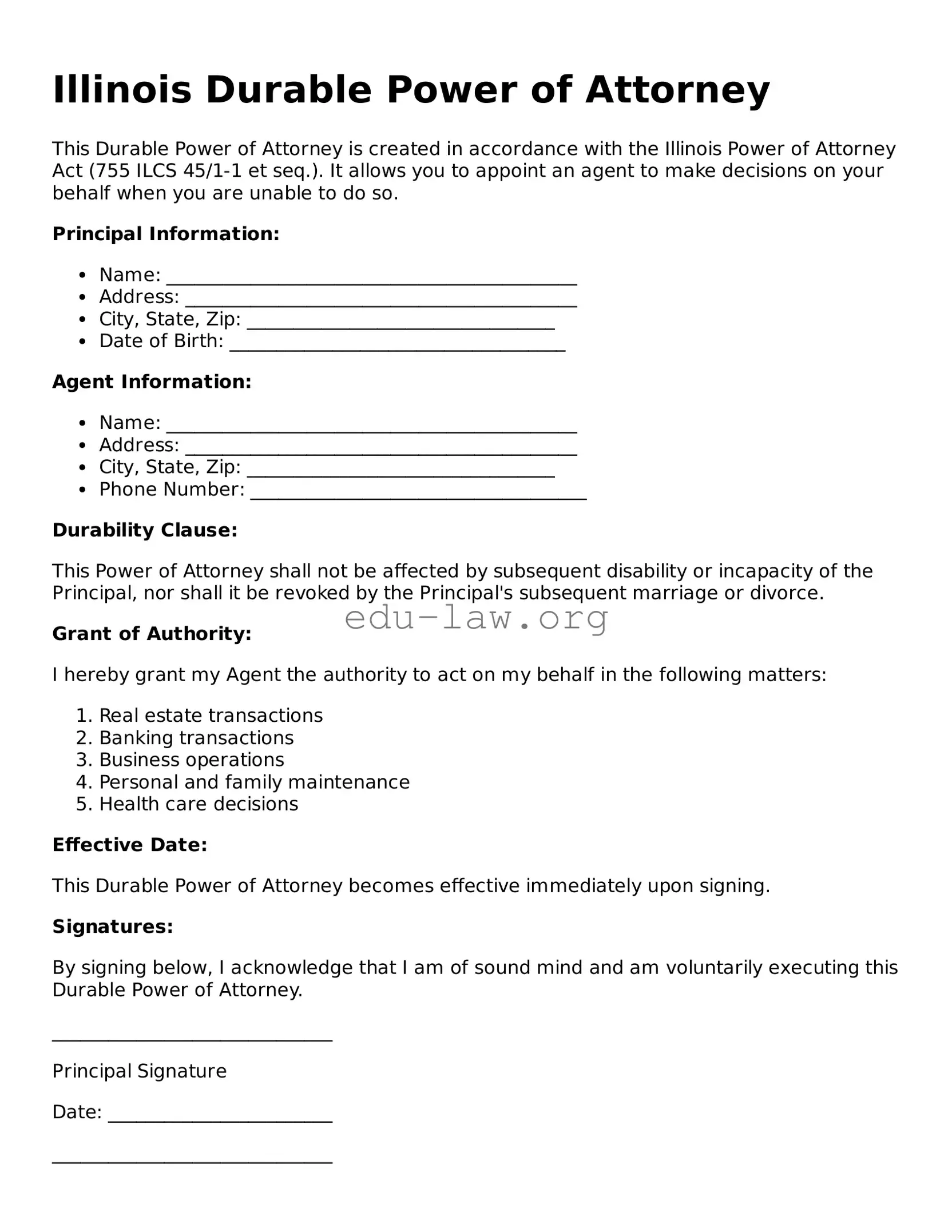 Legal  Durable Power of Attorney Template for Illinois