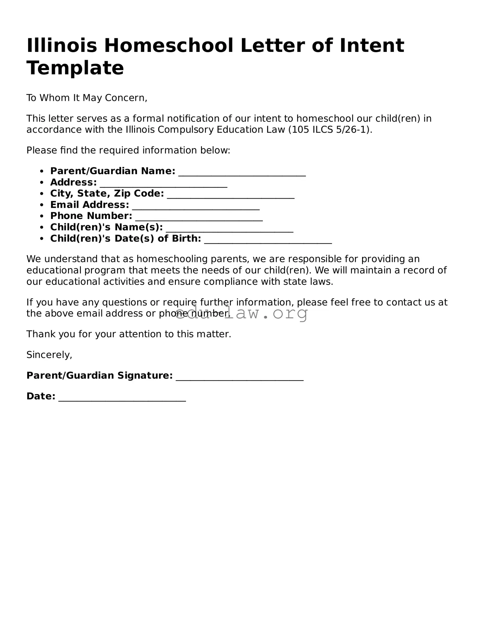Legal  Homeschool Letter of Intent Template for Illinois