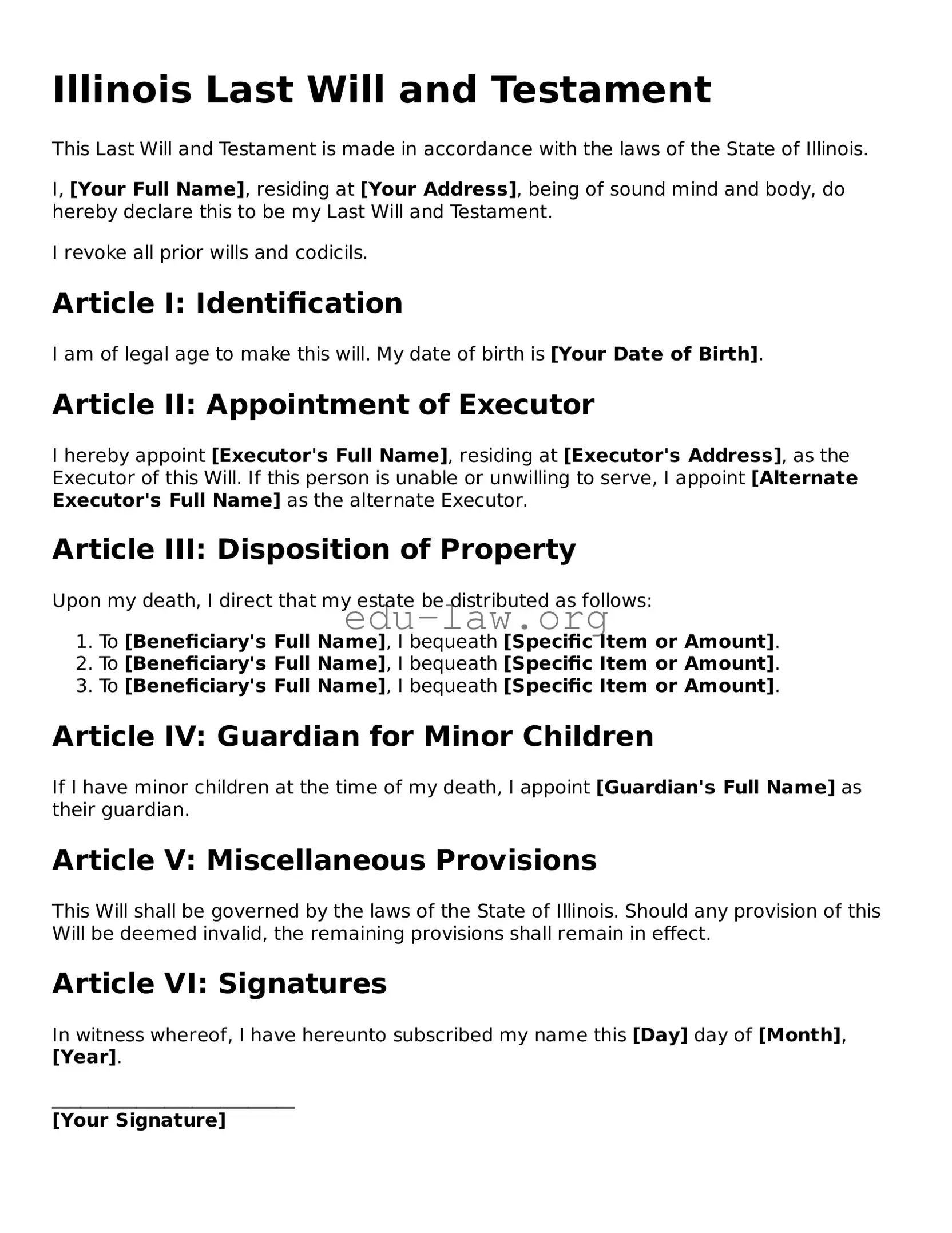 Legal  Last Will and Testament Template for Illinois