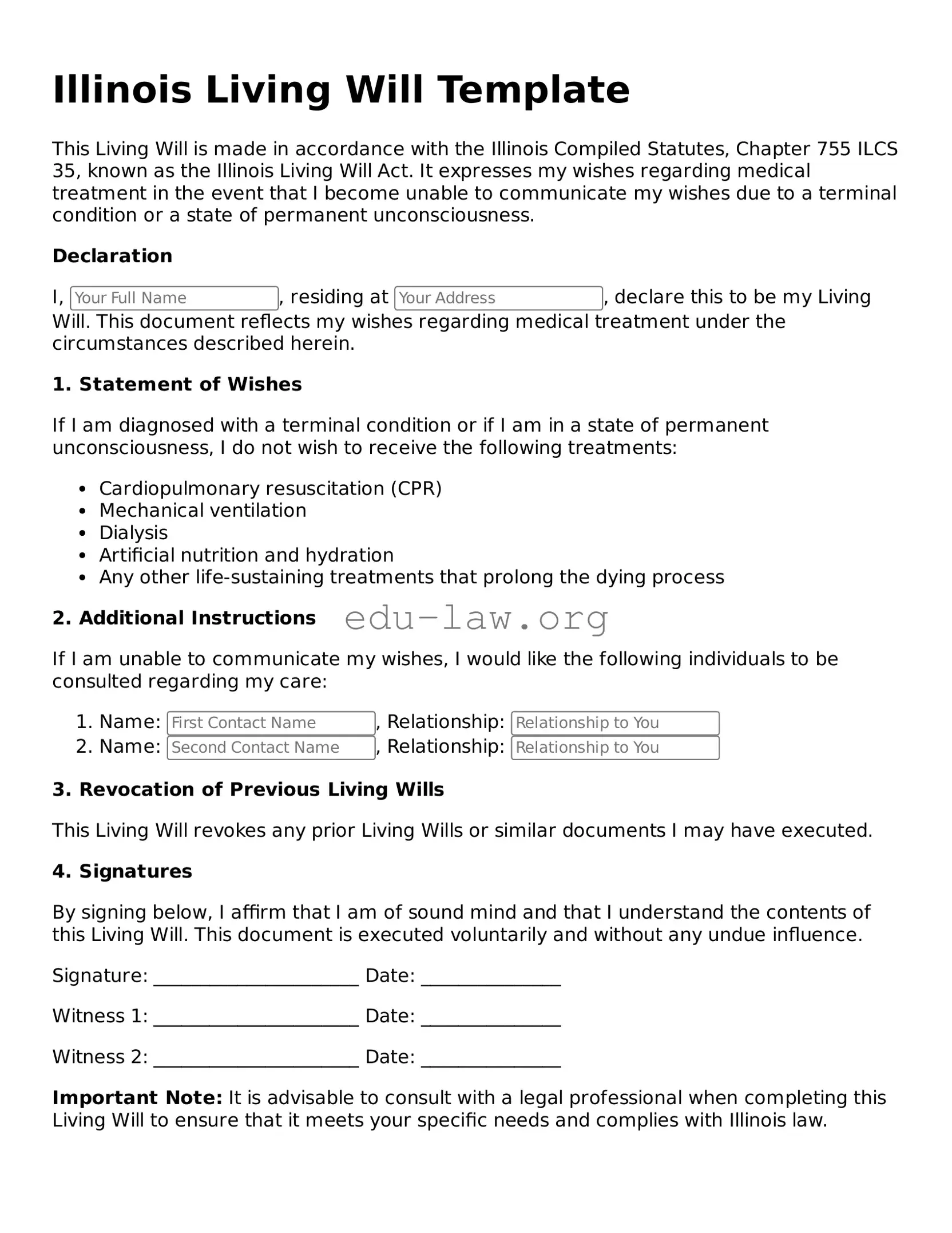 Legal  Living Will Template for Illinois