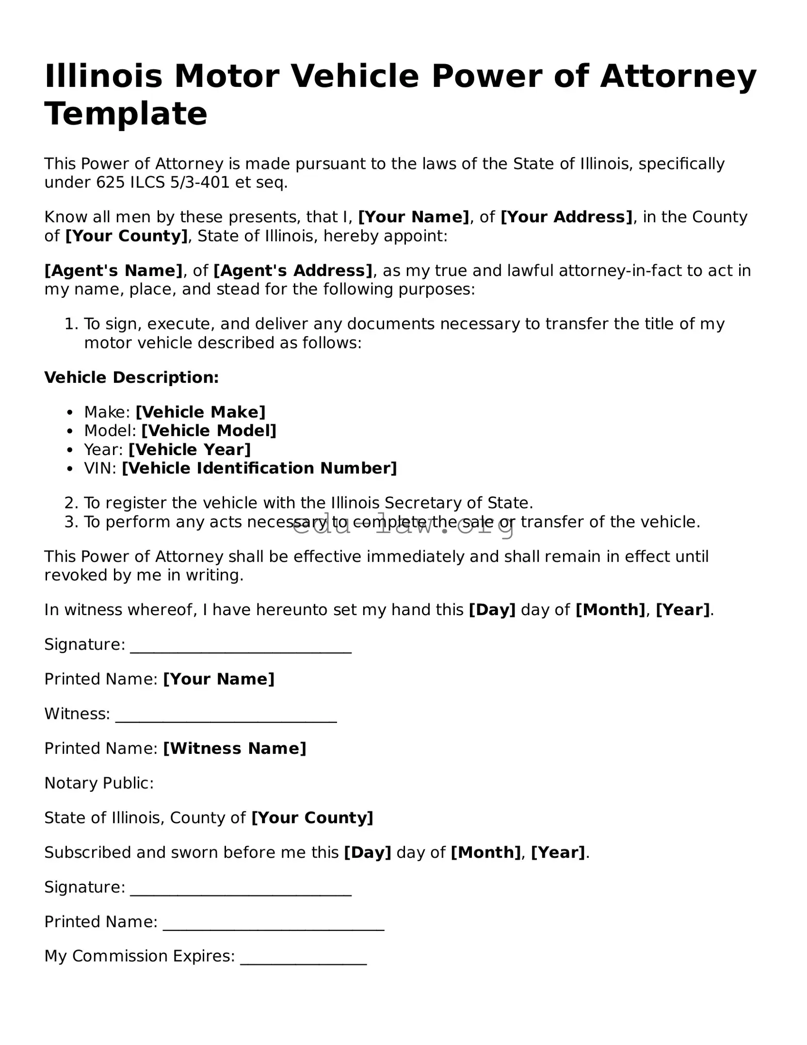 Legal  Motor Vehicle Power of Attorney Template for Illinois