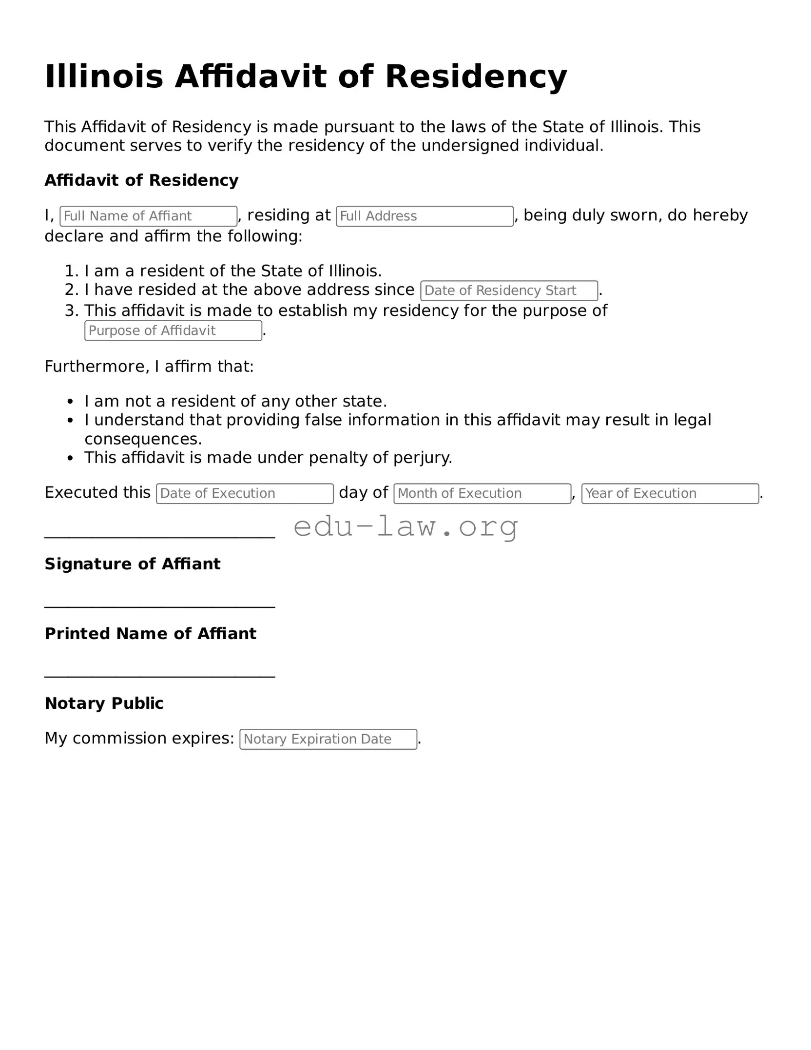 Legal  Affidavit of Residency Template for Illinois