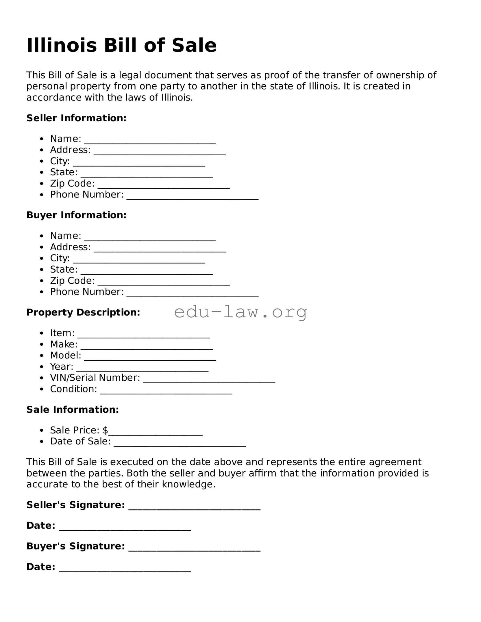 Legal  Bill of Sale Template for Illinois