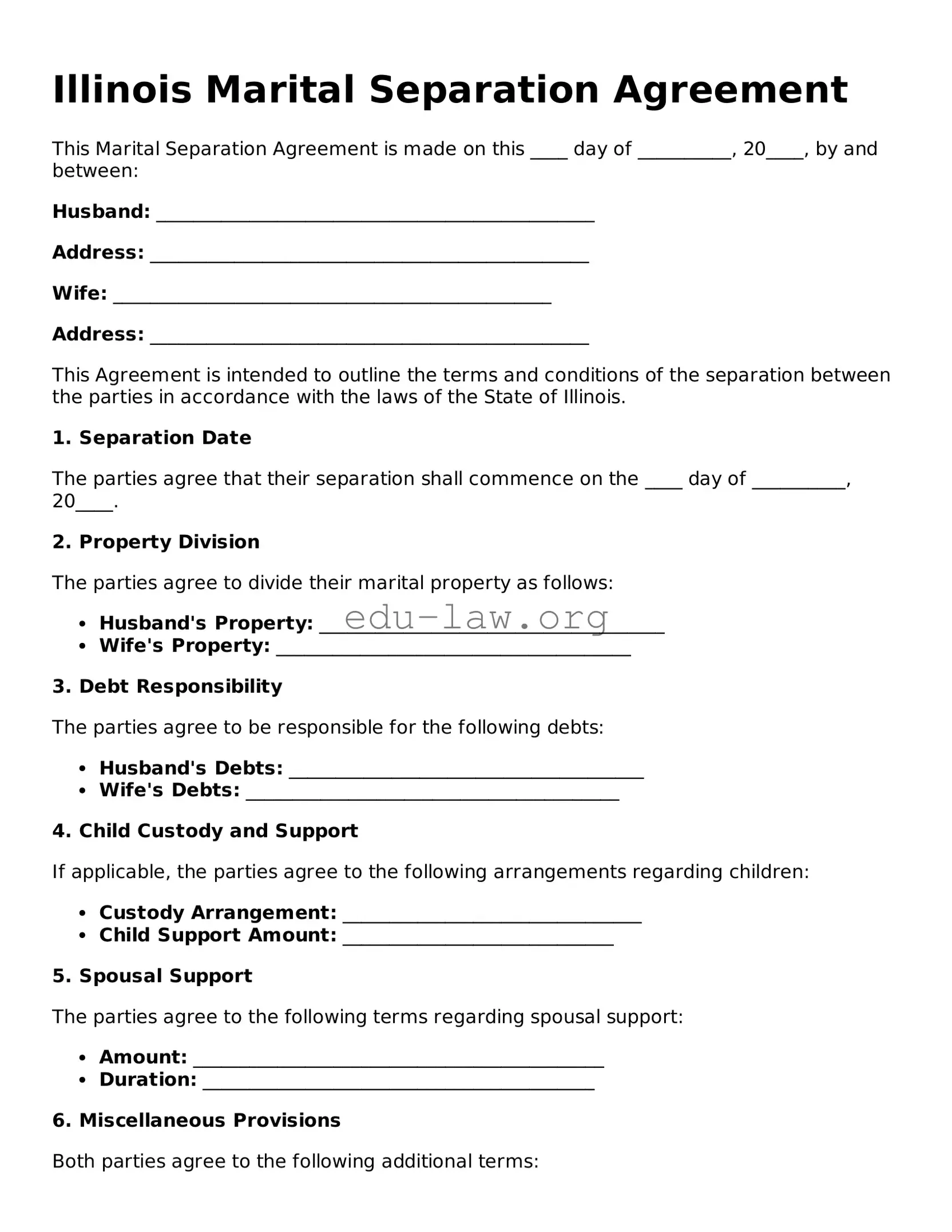 Legal  Marital Separation Agreement Template for Illinois