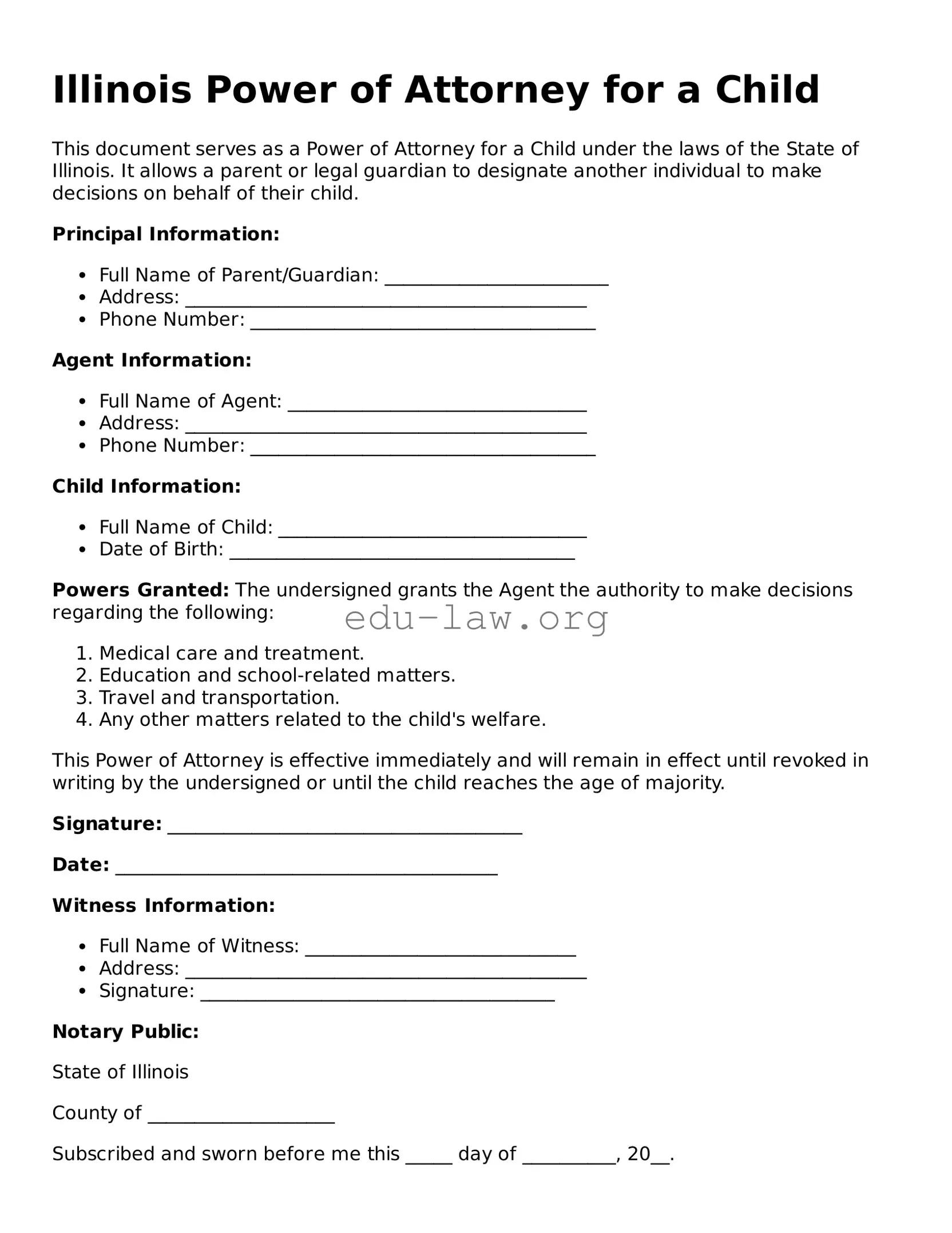 Legal  Power of Attorney for a Child Template for Illinois