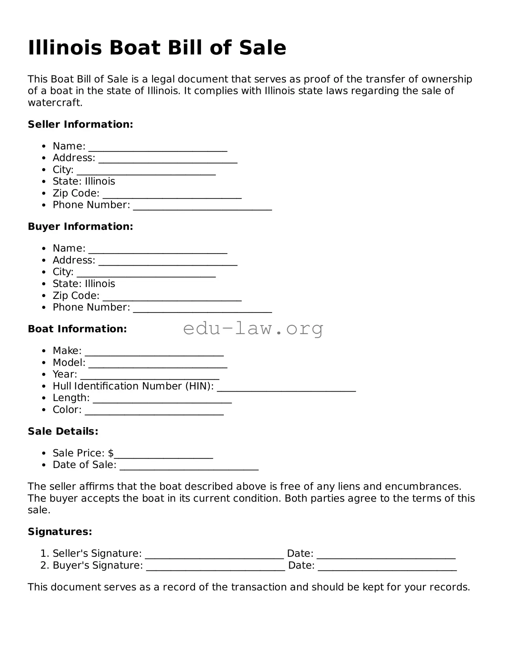 Legal  Boat Bill of Sale Template for Illinois
