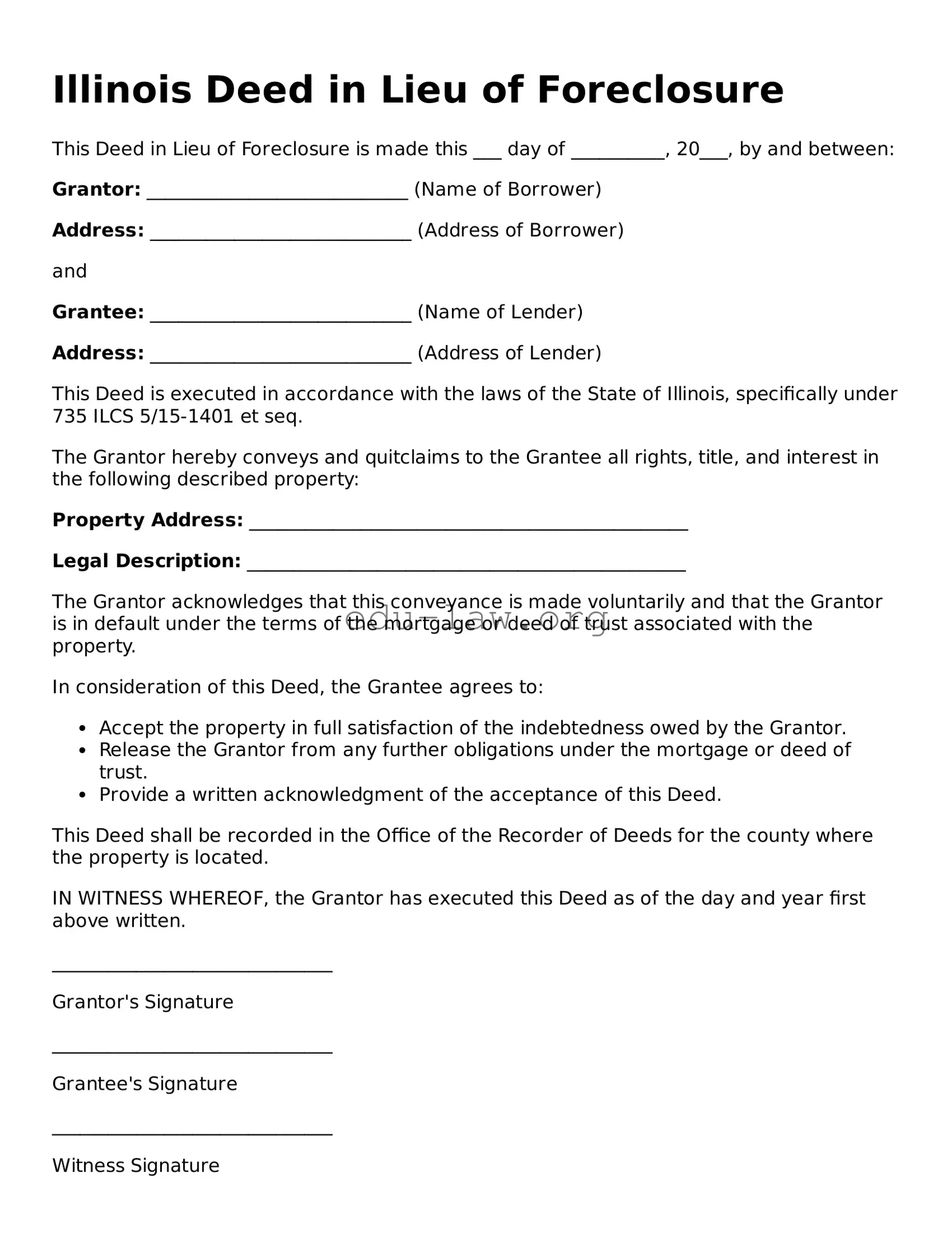 Legal  Deed in Lieu of Foreclosure Template for Illinois