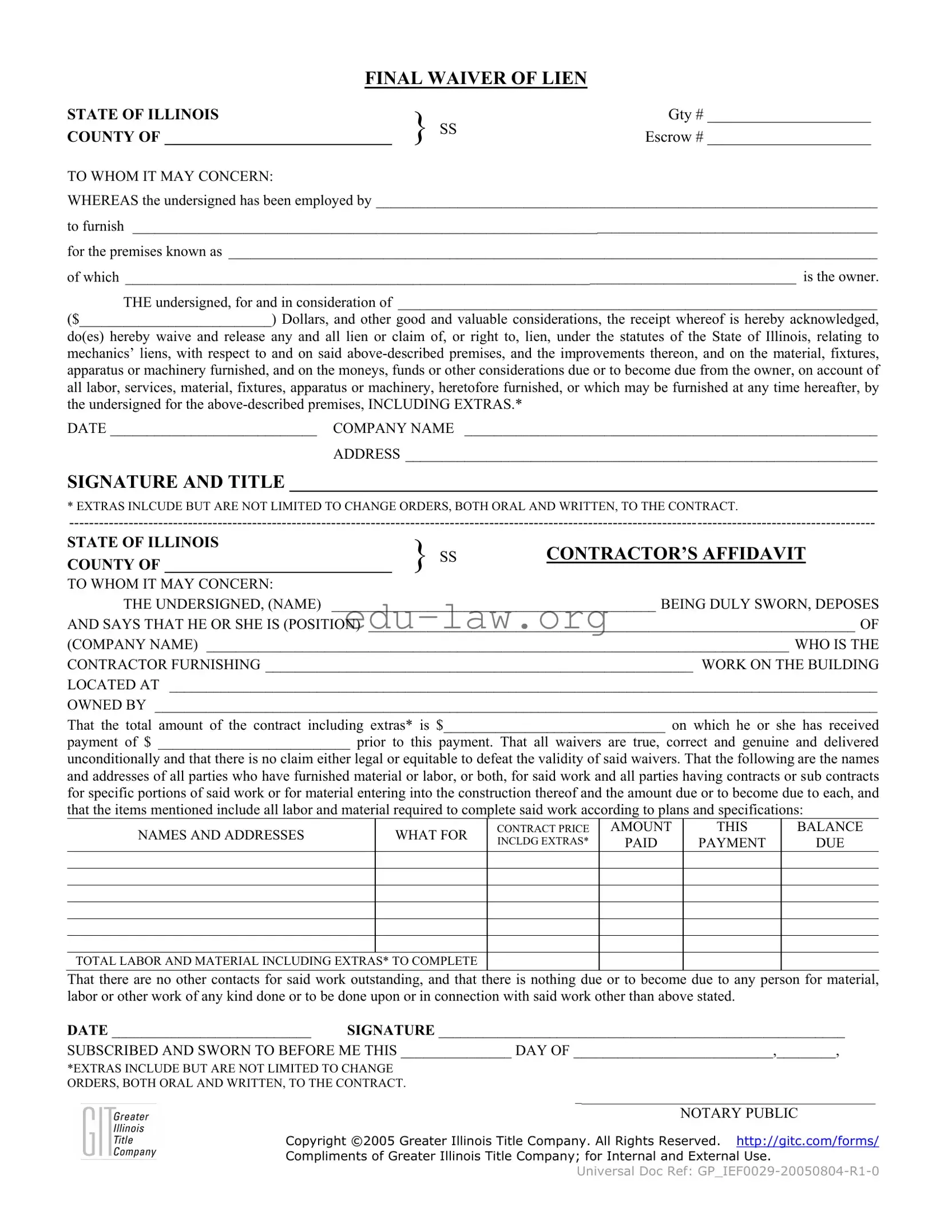 Fill in Your Illinois Final Waiver Of Lien Template