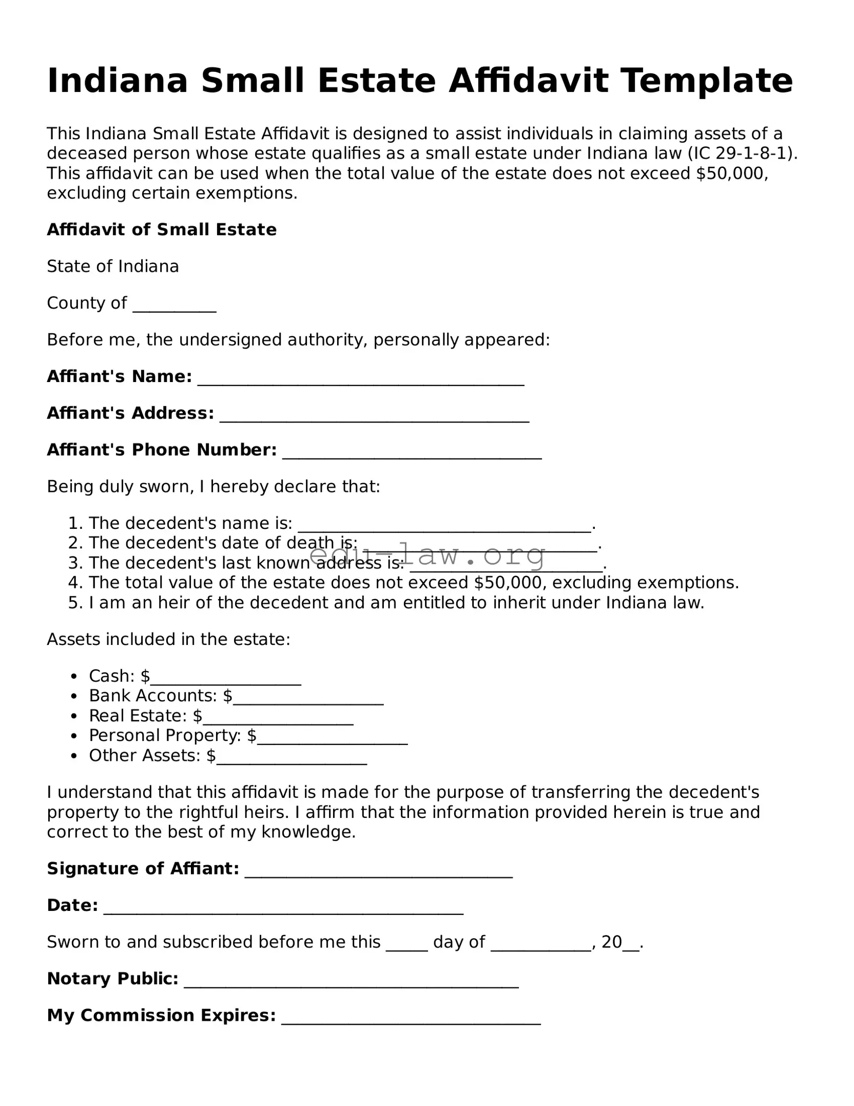 Legal  Small Estate Affidavit Template for Indiana