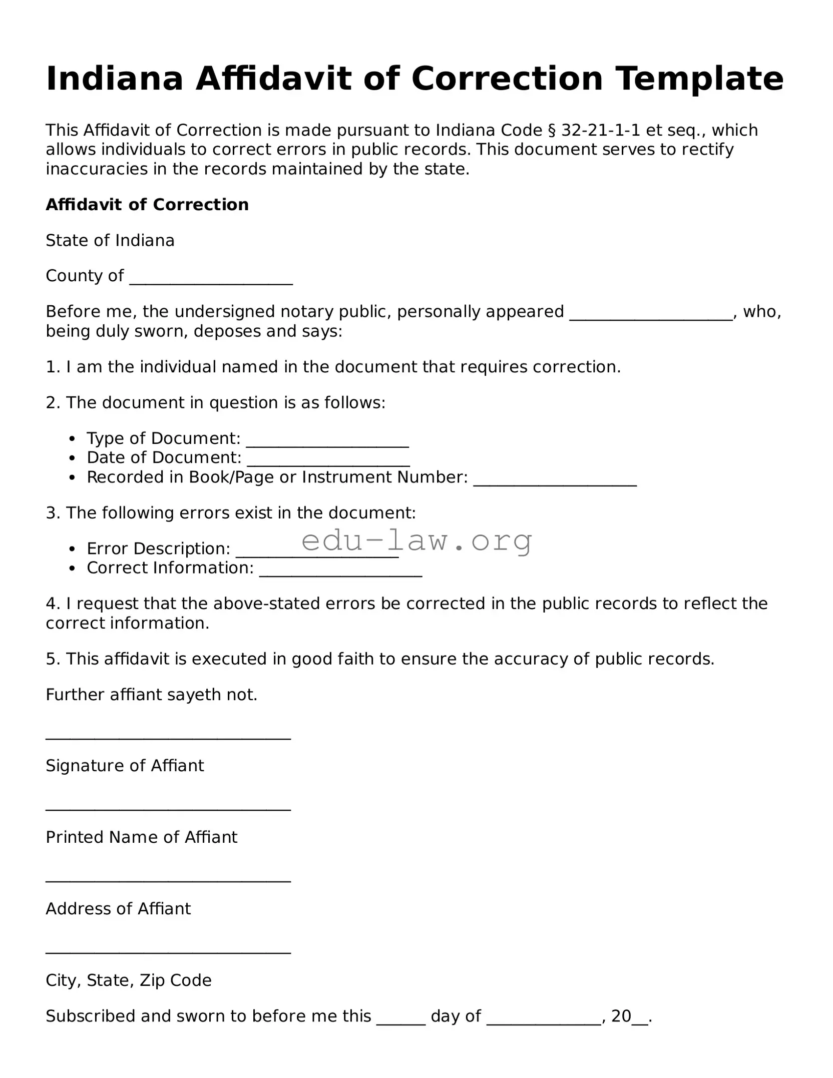 Legal  Affidavit of Correction Template for Indiana