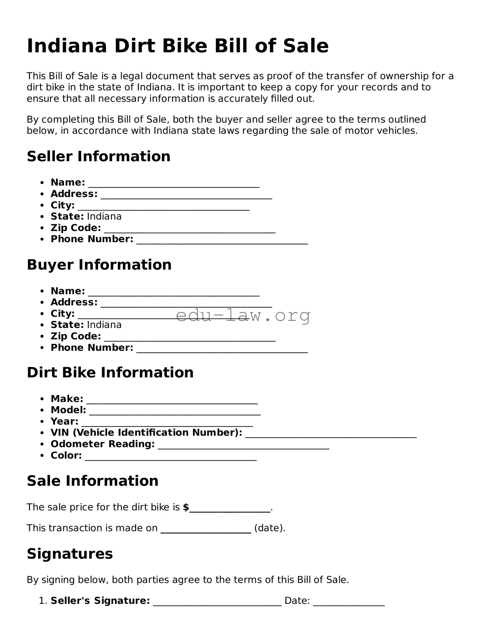 Legal  Dirt Bike Bill of Sale Template for Indiana
