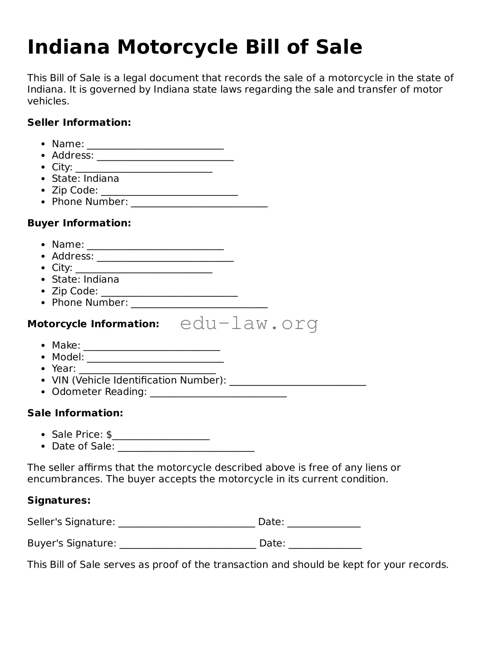 Legal  Motorcycle Bill of Sale Template for Indiana