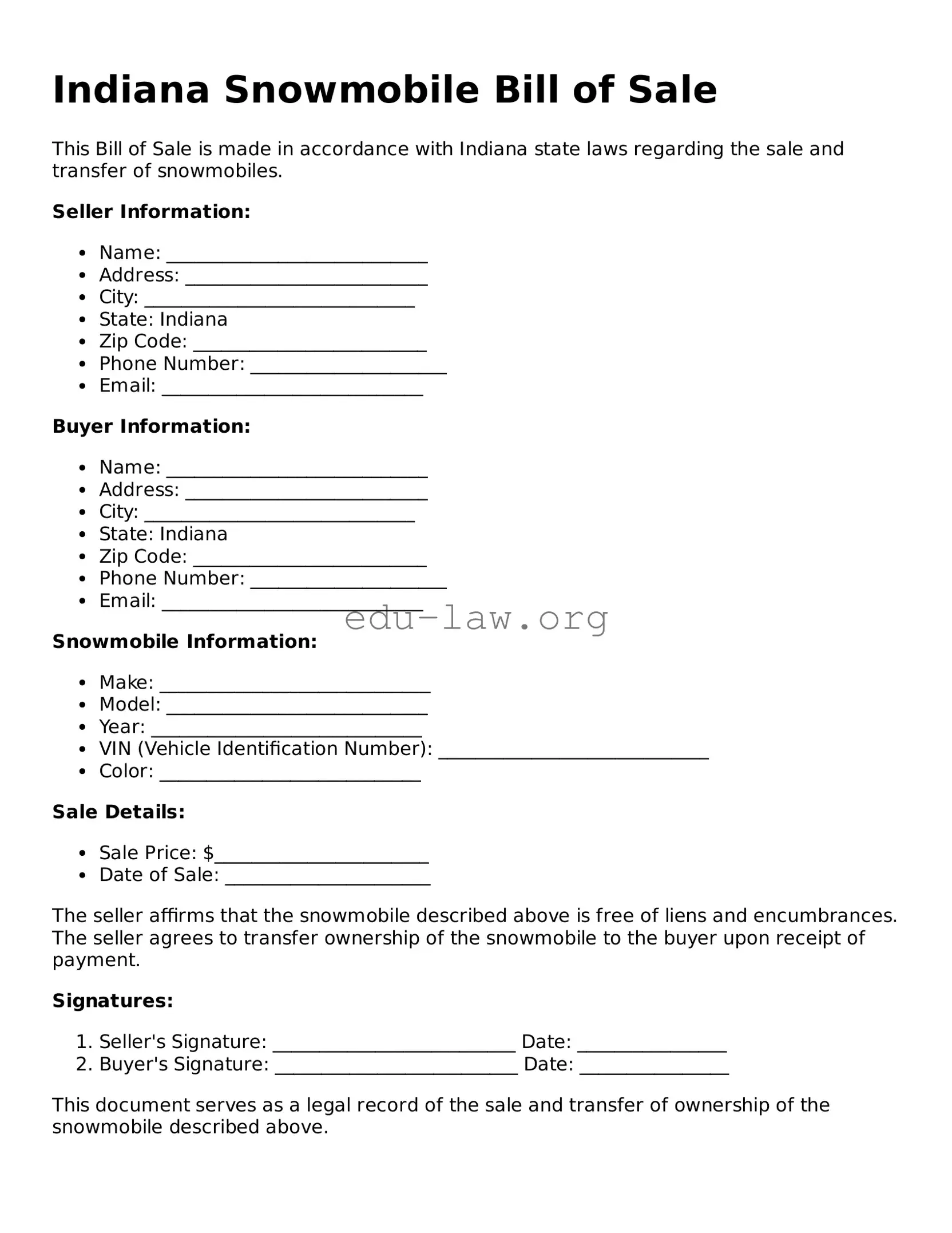 Legal  Snowmobile Bill of Sale Template for Indiana