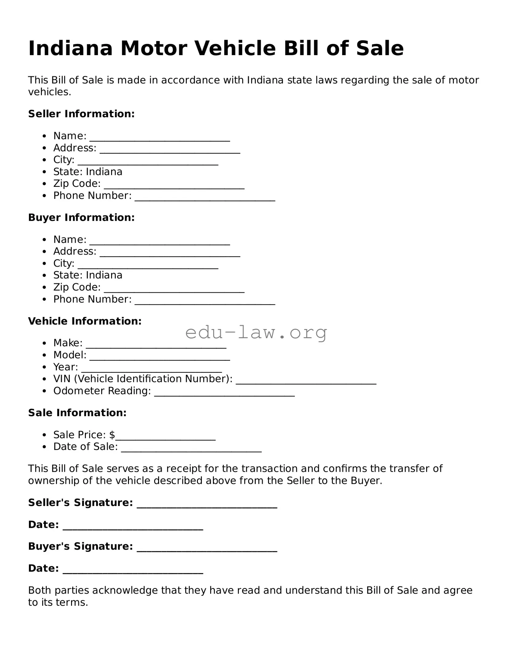 Legal  Motor Vehicle Bill of Sale Template for Indiana