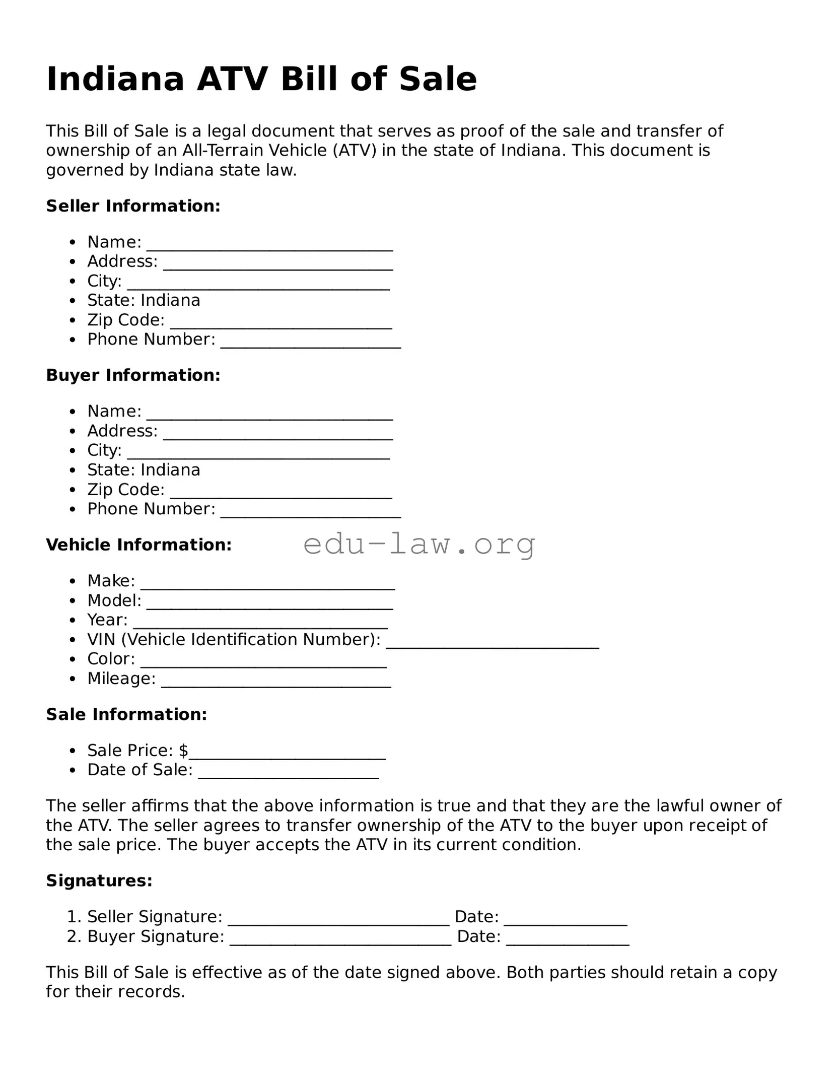Legal  ATV Bill of Sale Template for Indiana