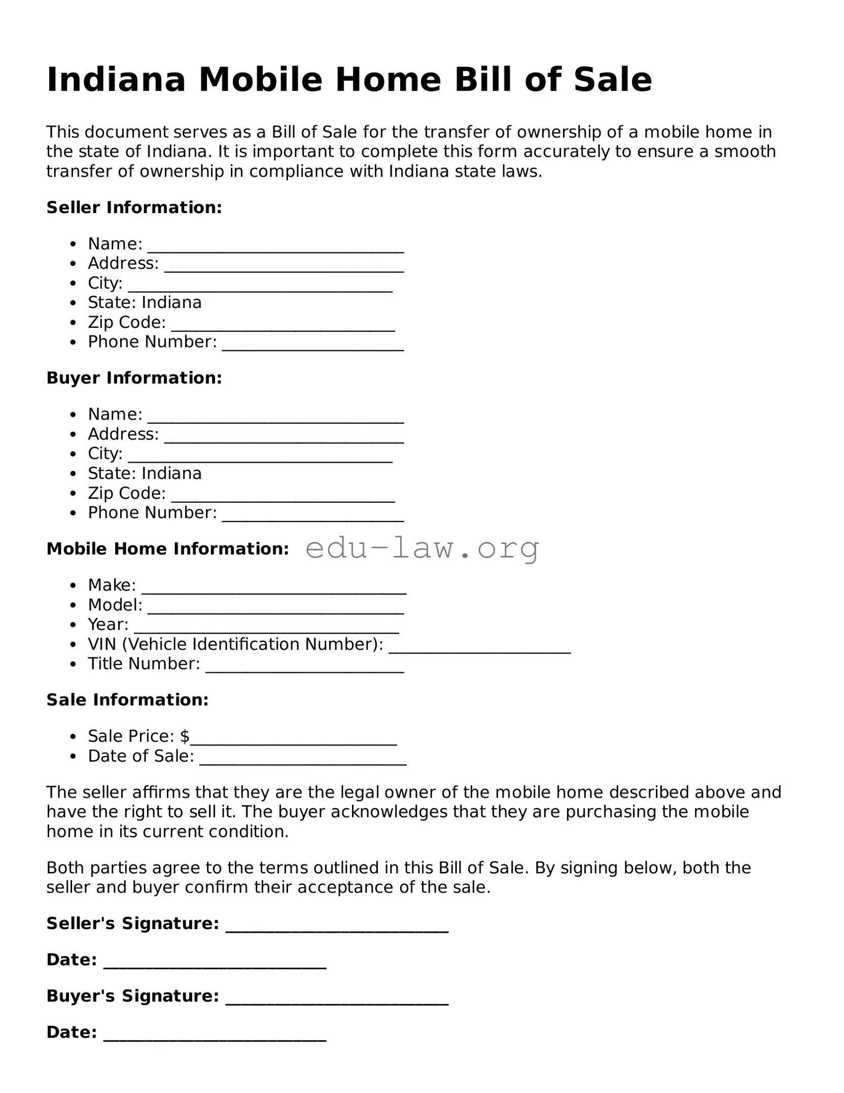 Legal  Mobile Home Bill of Sale Template for Indiana