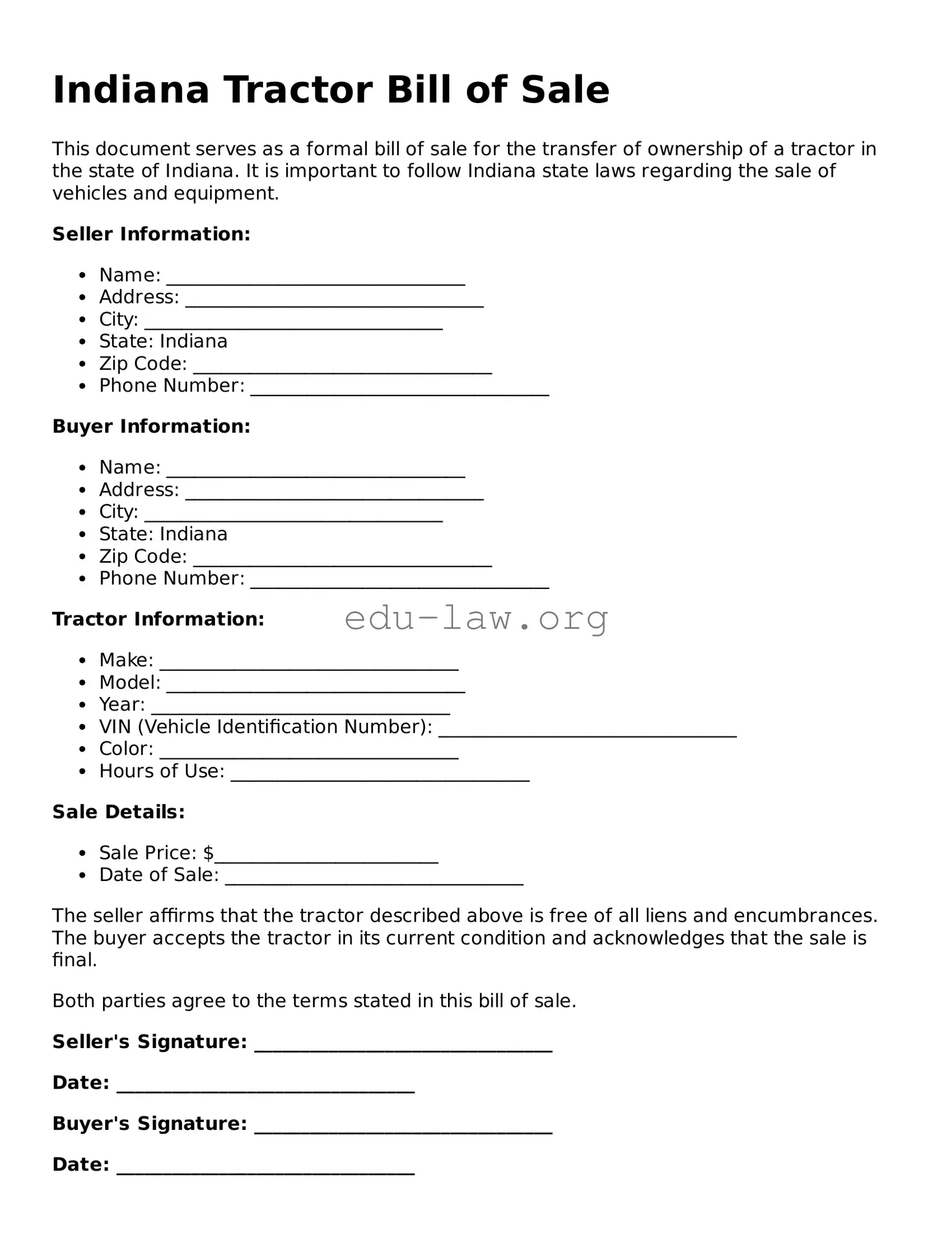 Legal  Tractor Bill of Sale Template for Indiana