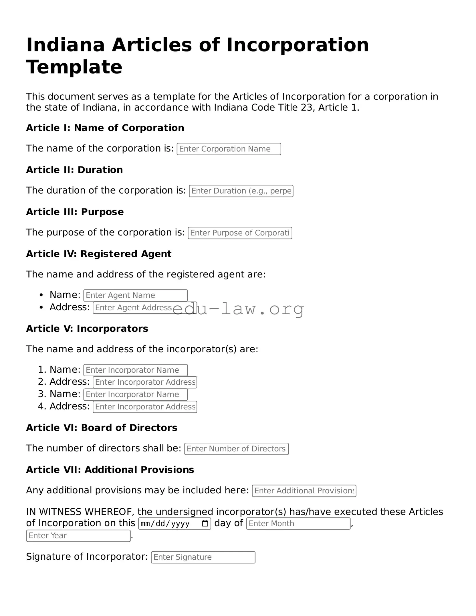 Legal  Articles of Incorporation Template for Indiana