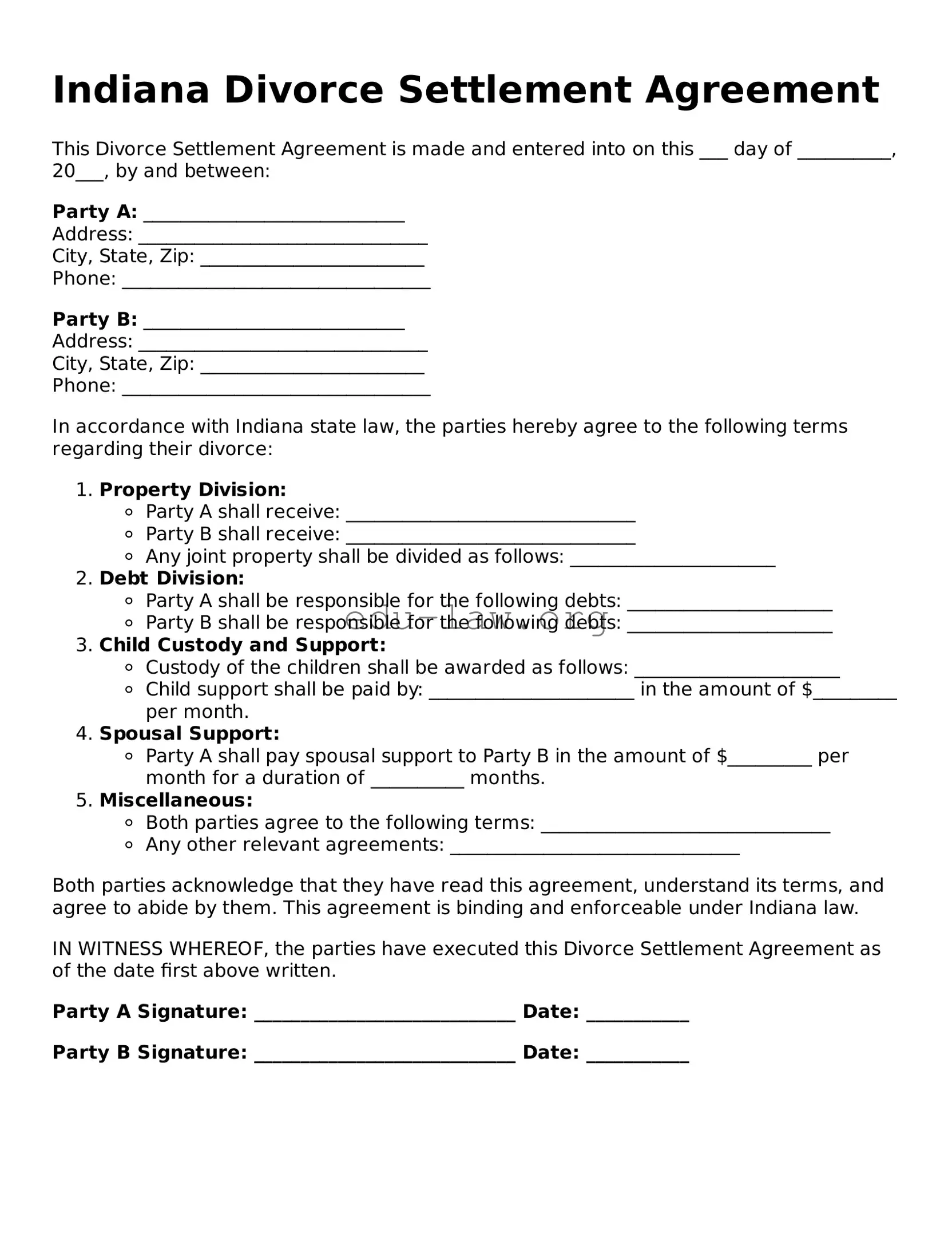 Legal  Divorce Settlement Agreement Template for Indiana