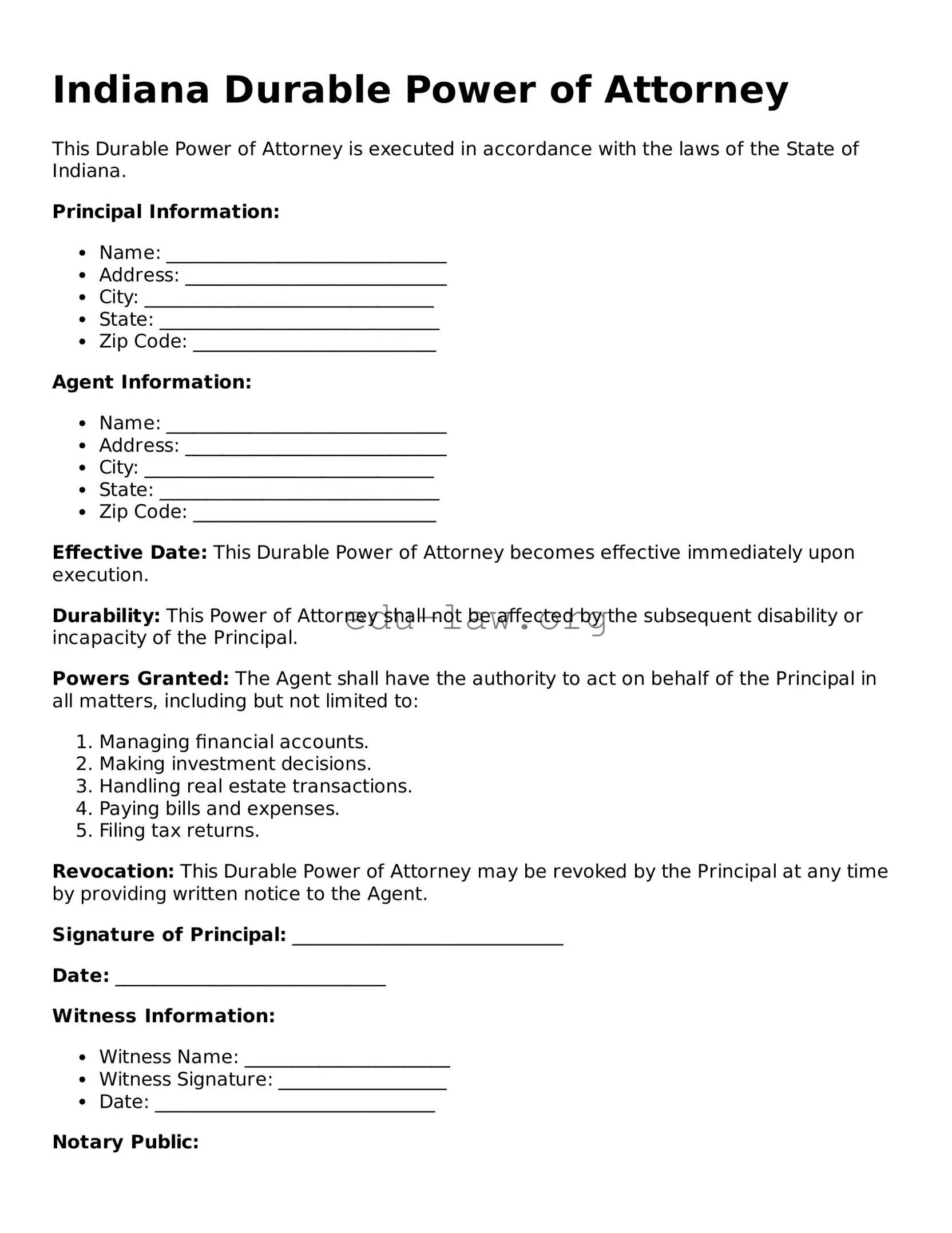 Legal  Durable Power of Attorney Template for Indiana