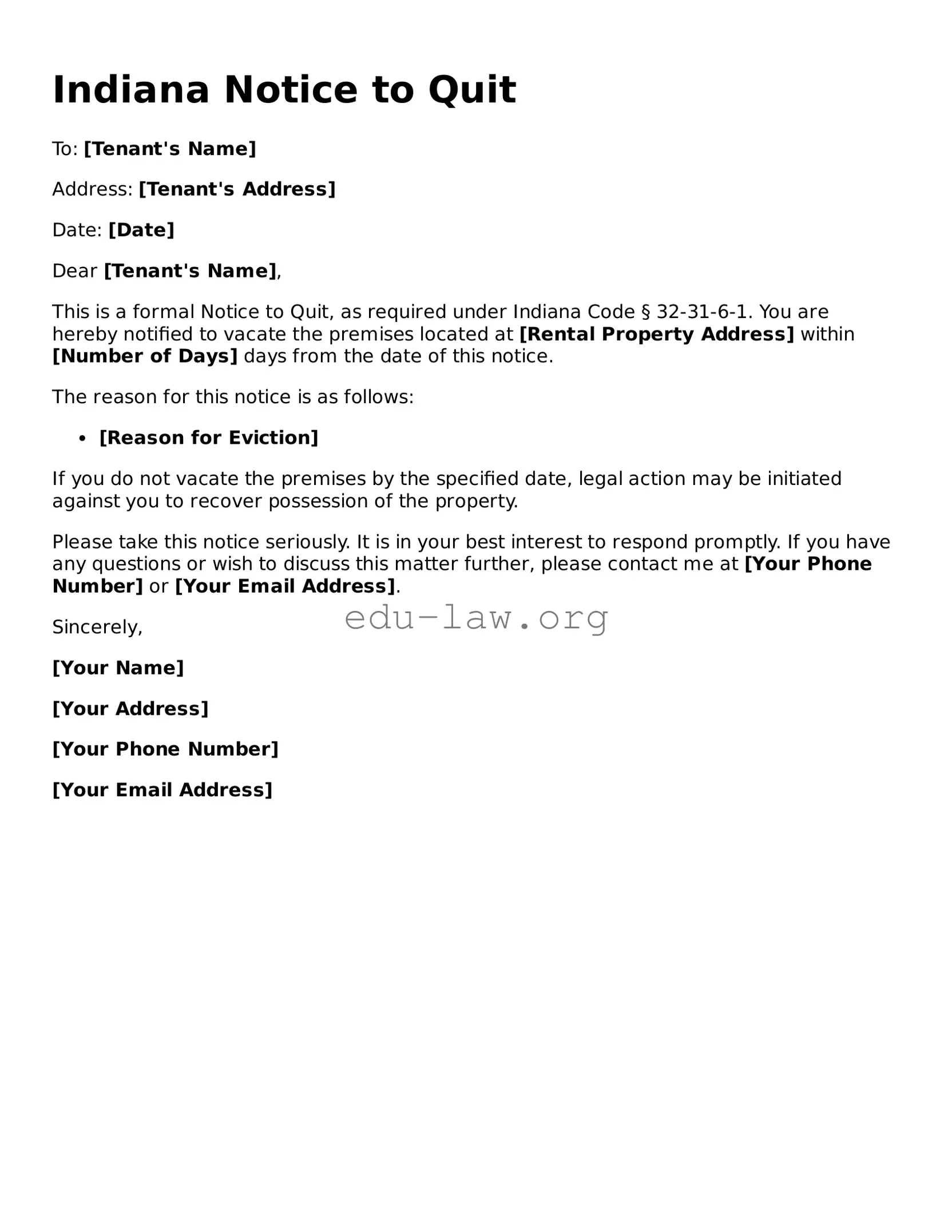 Legal  Notice to Quit Template for Indiana