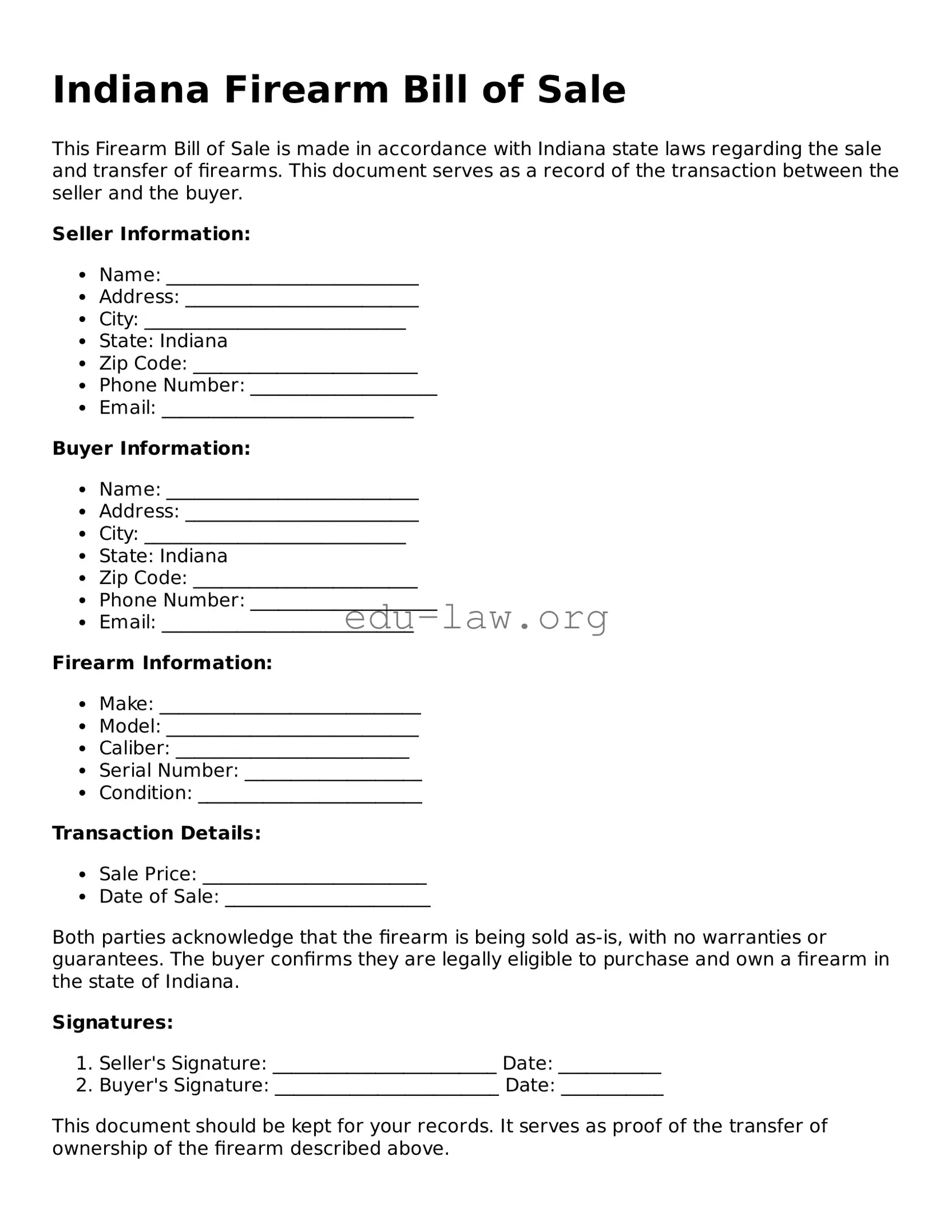 Legal  Firearm Bill of Sale Template for Indiana