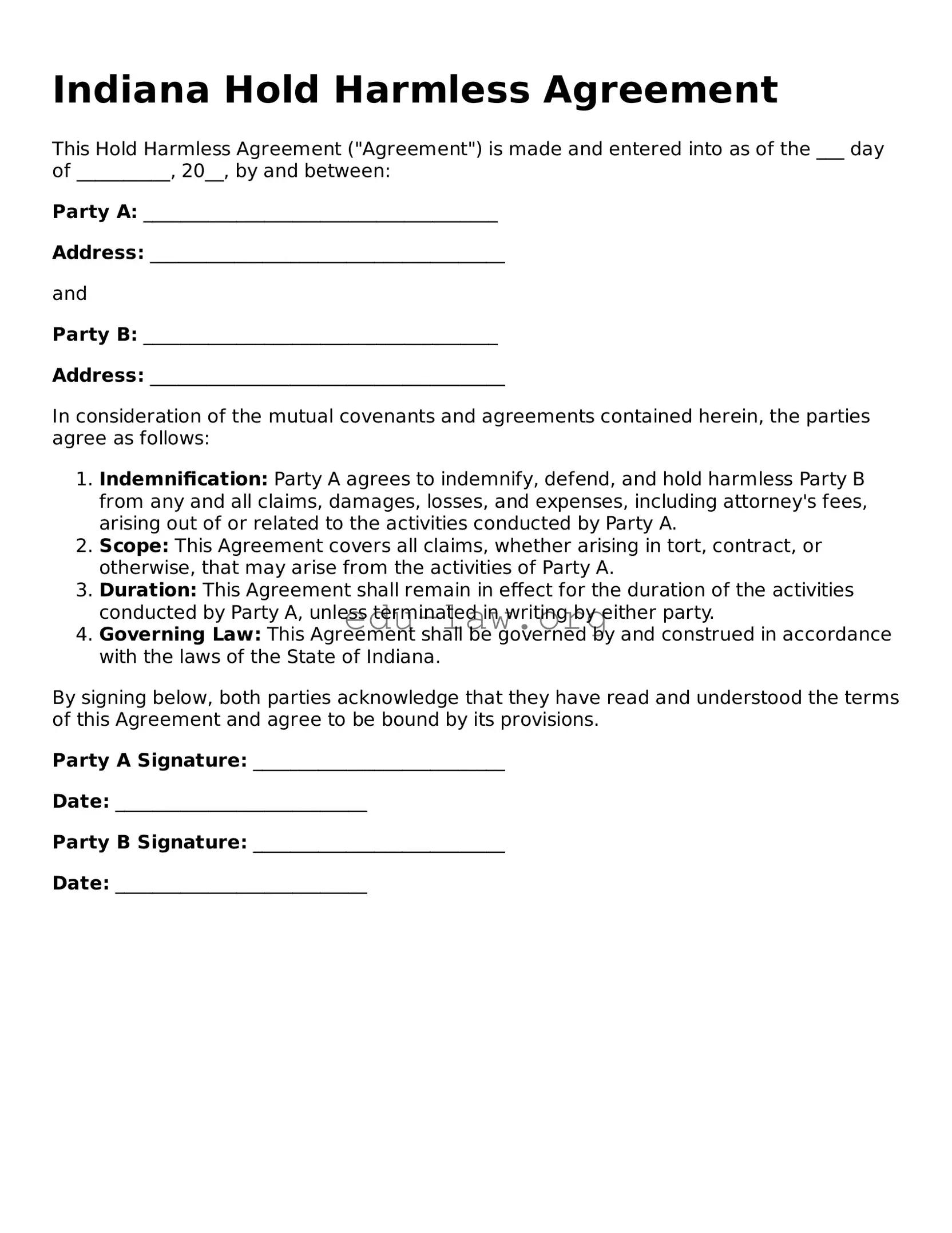 Legal  Hold Harmless Agreement Template for Indiana