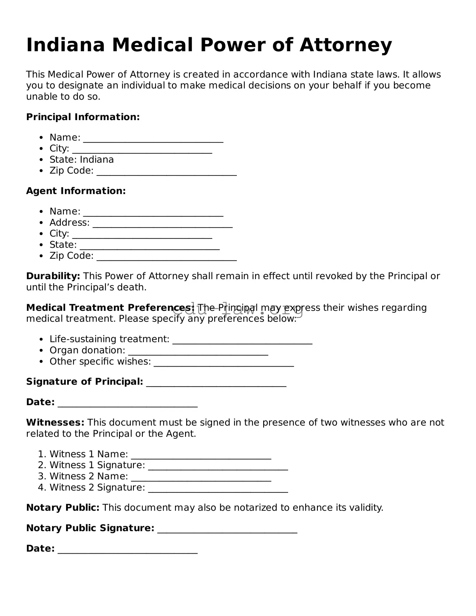Legal  Medical Power of Attorney Template for Indiana