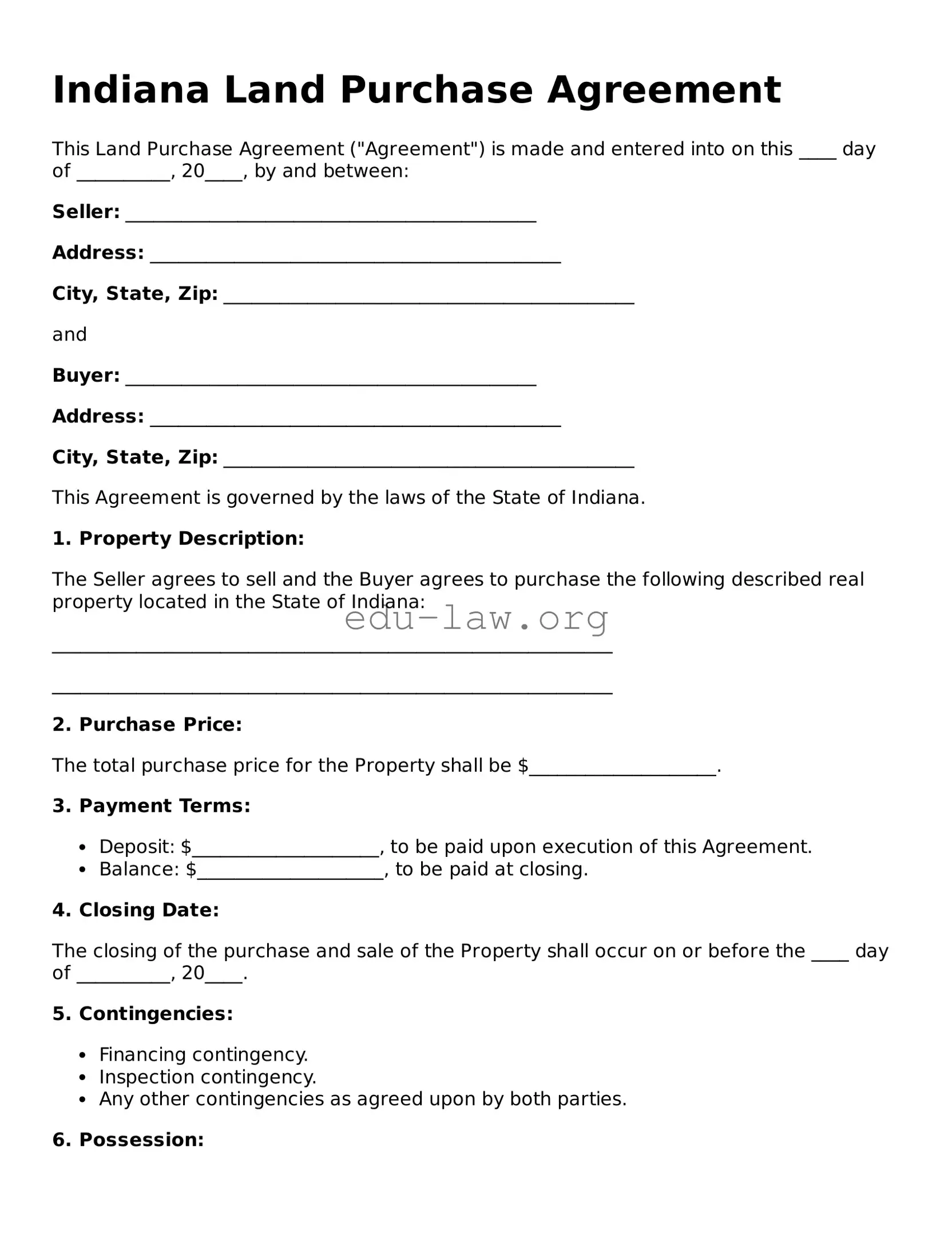 Legal  Land Purchase Agreement Template for Indiana