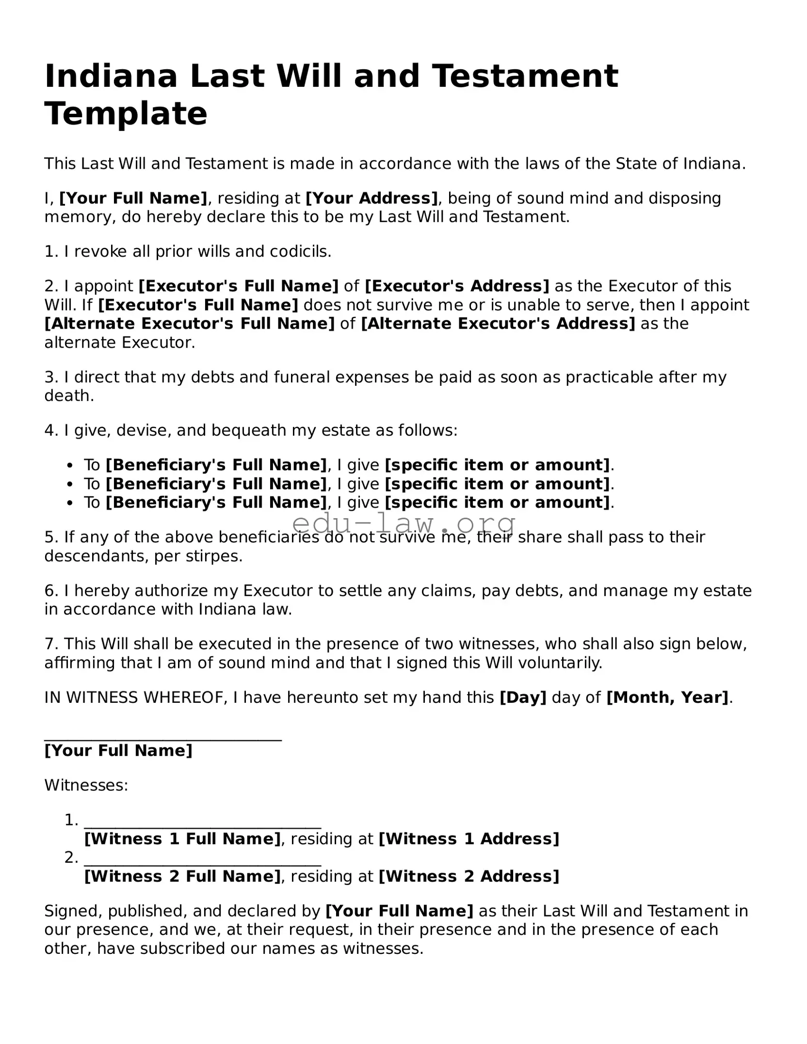 Legal  Last Will and Testament Template for Indiana