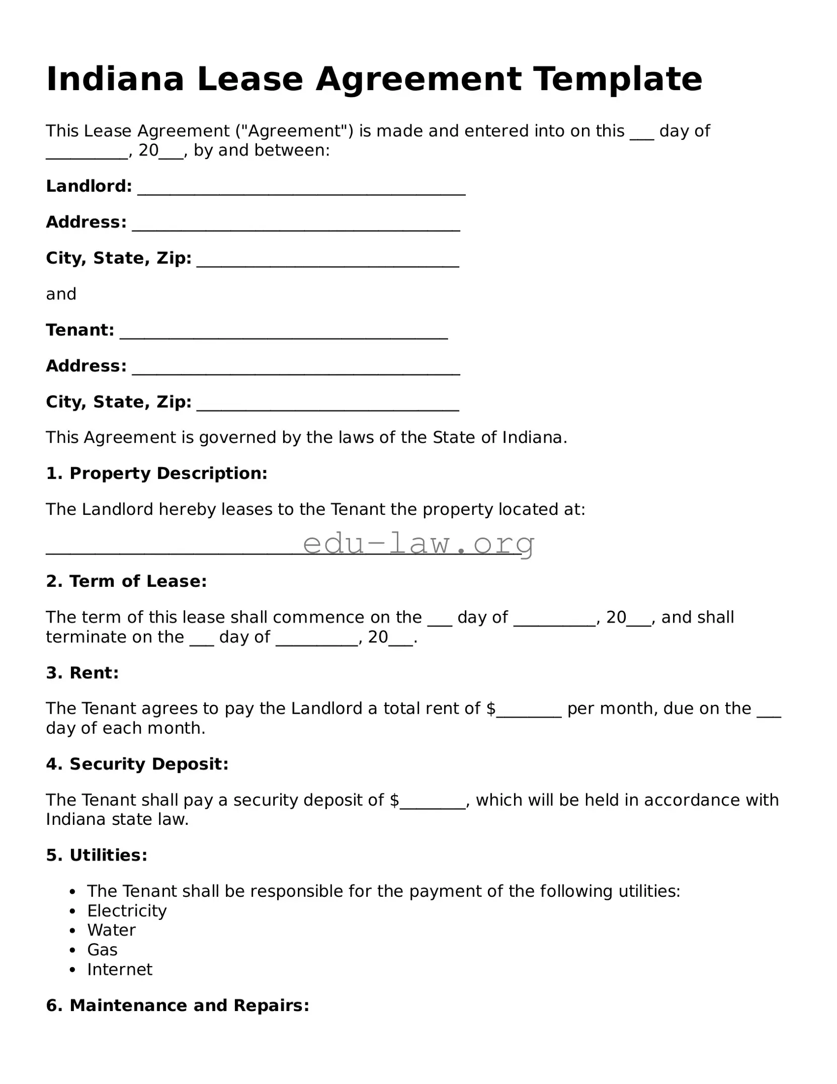 Legal  Lease Agreement Template for Indiana